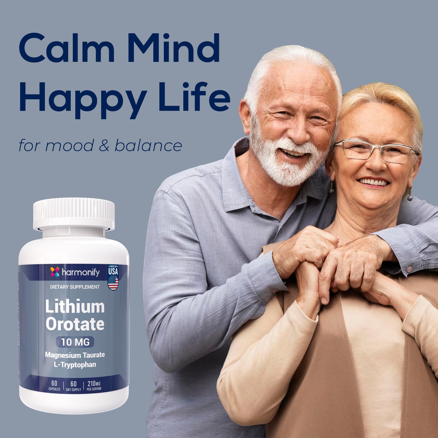 HARMONIFY Lithium Orotate 10mg with Magnesium Taurate & L-Tryptophan Capsules, 60 Capsules