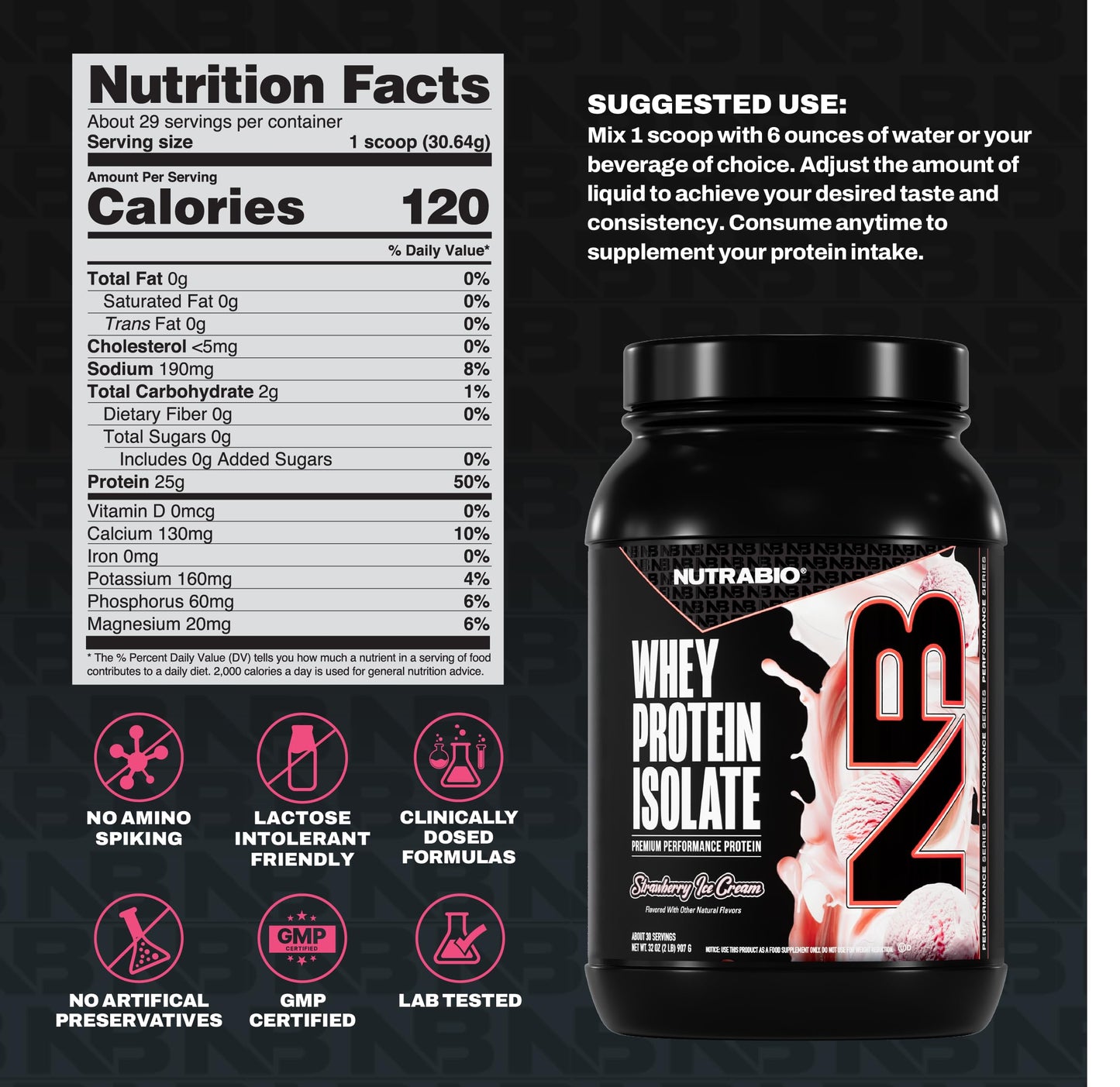 NutraBio 100% Whey Protein Isolate Powder, Strawberry Ice Cream, 32 Servings, 2 Lbs