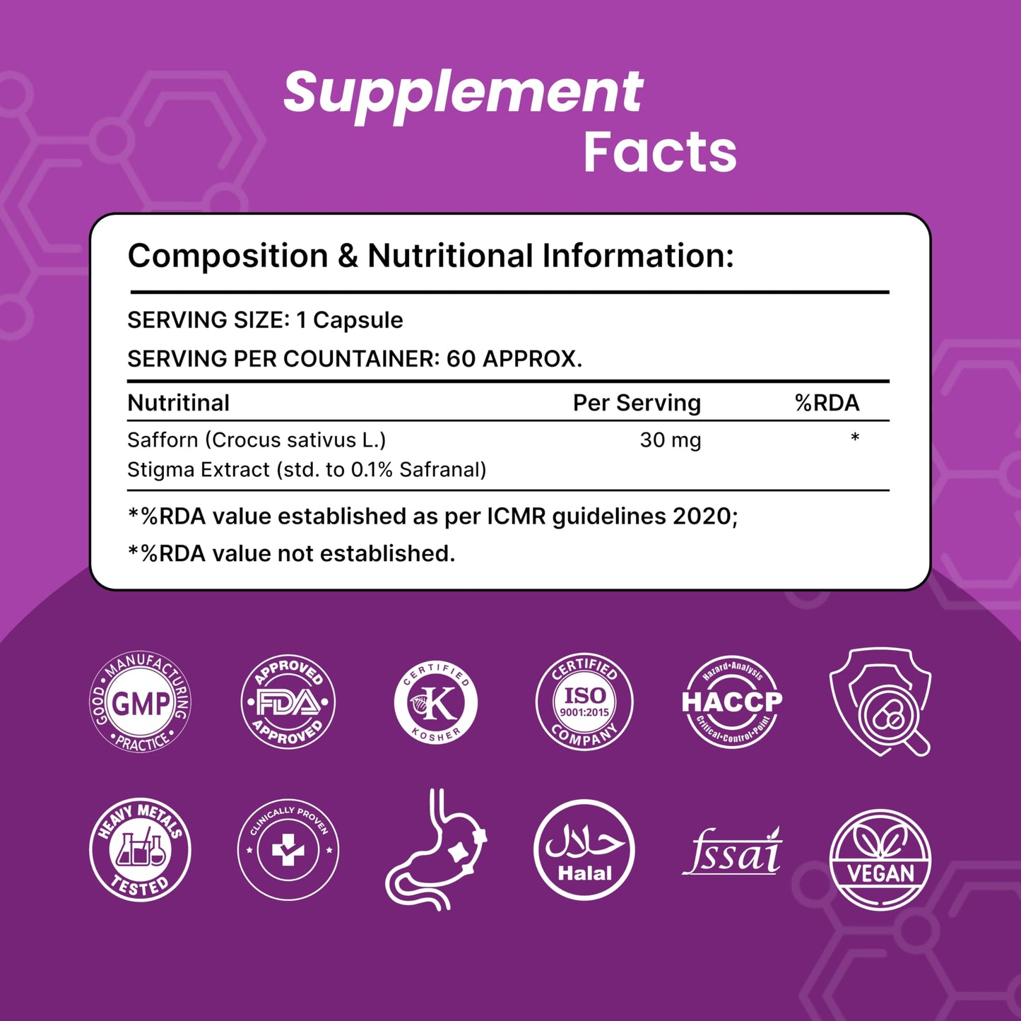 ORIBITE Saffron Supplement 30mg – 100% Pure Saffron Extract Capsules, 60 Capsules
