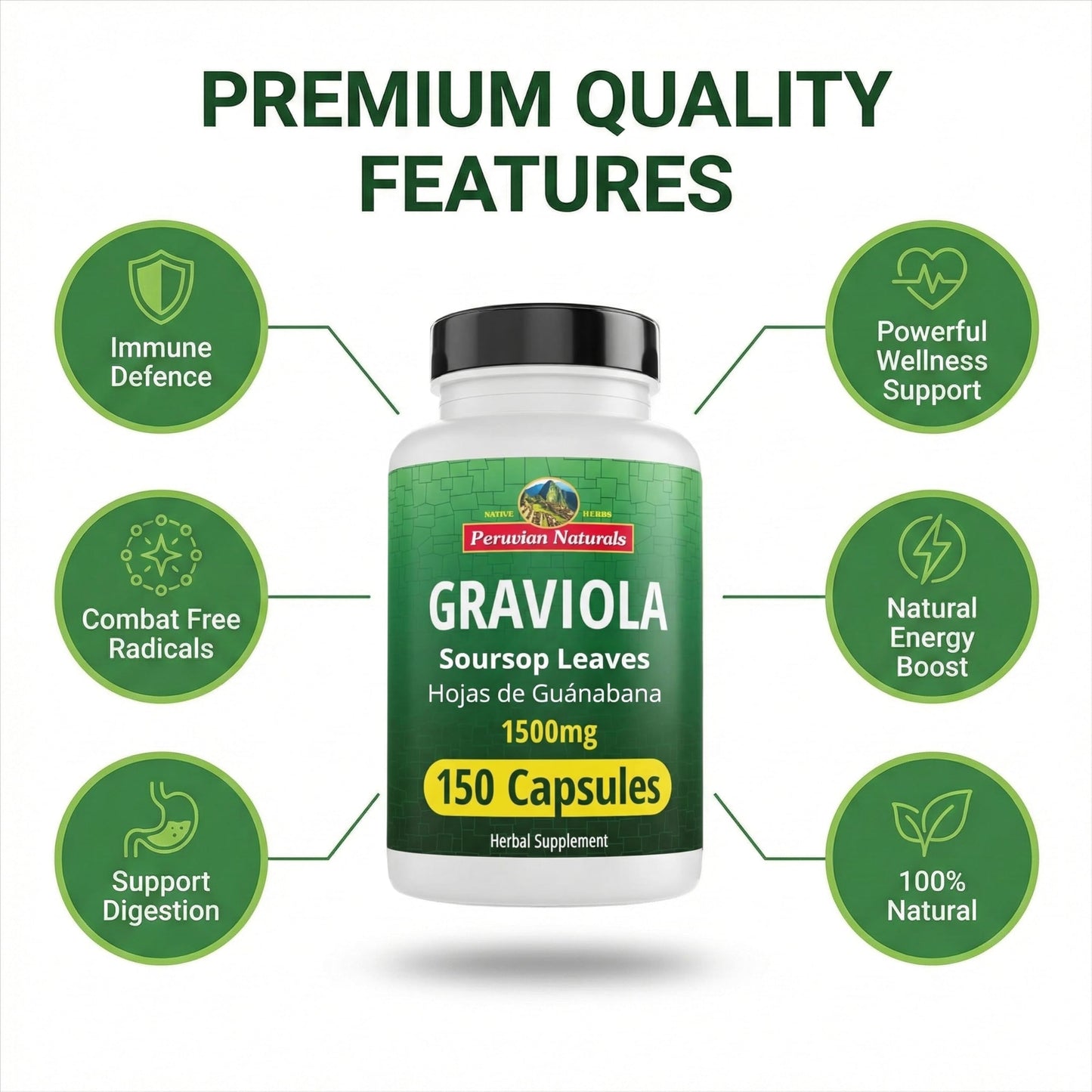 Peruvian Naturals Graviola Capsules 1500 mg Soursop Leaf Extract, 300 Count