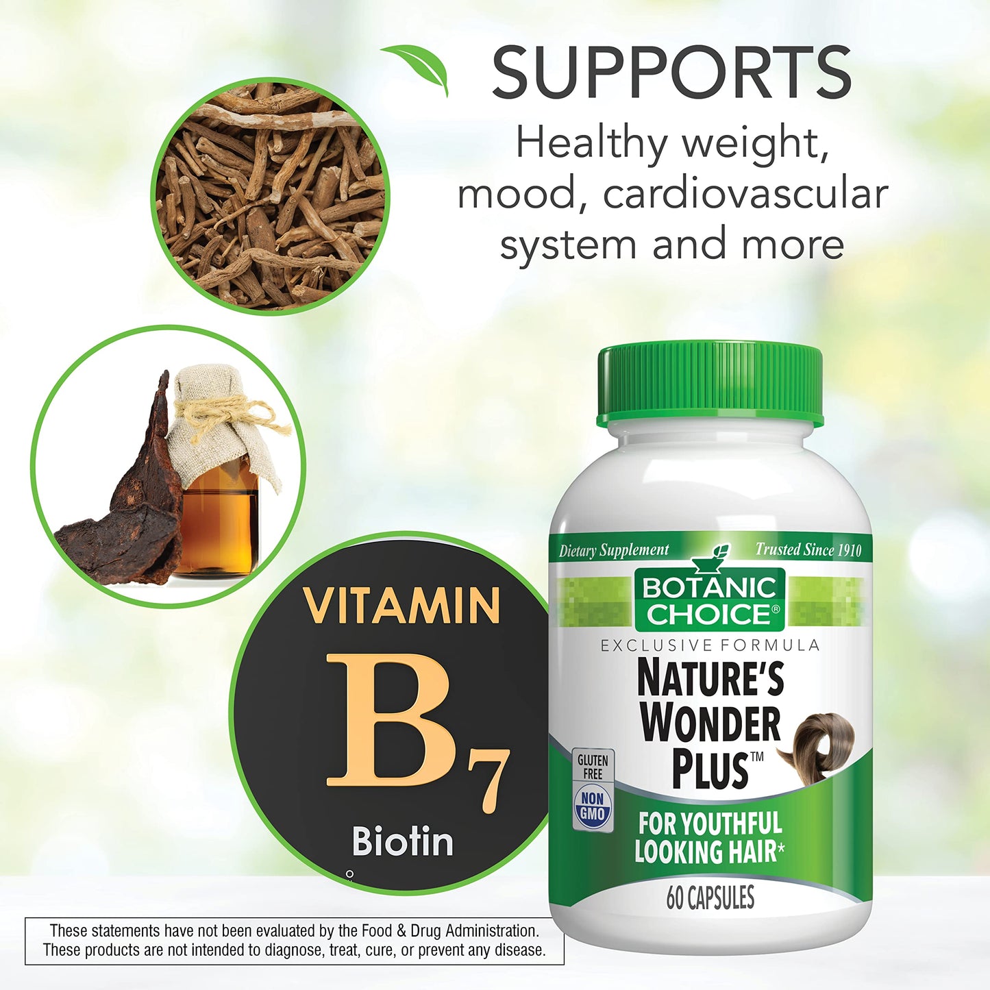 Botanic Choice Nature’s Wonder Plus-Ashwagandha, Biotin, Inositol, Fo-ti Powder Capsule 60 Count
