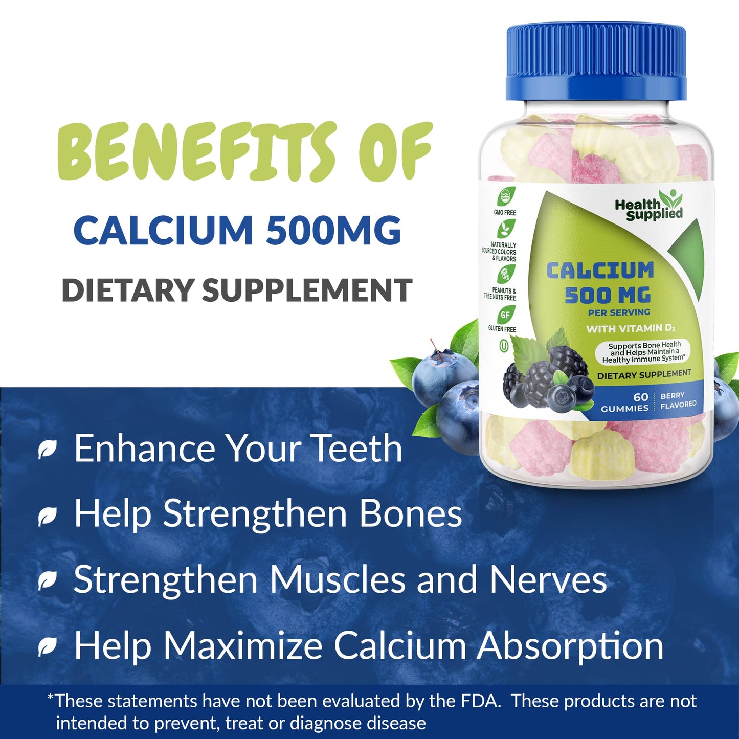 Health Supplied Calcium 500mg with Vitamin D3 1000 IU Gummies, 120 Count