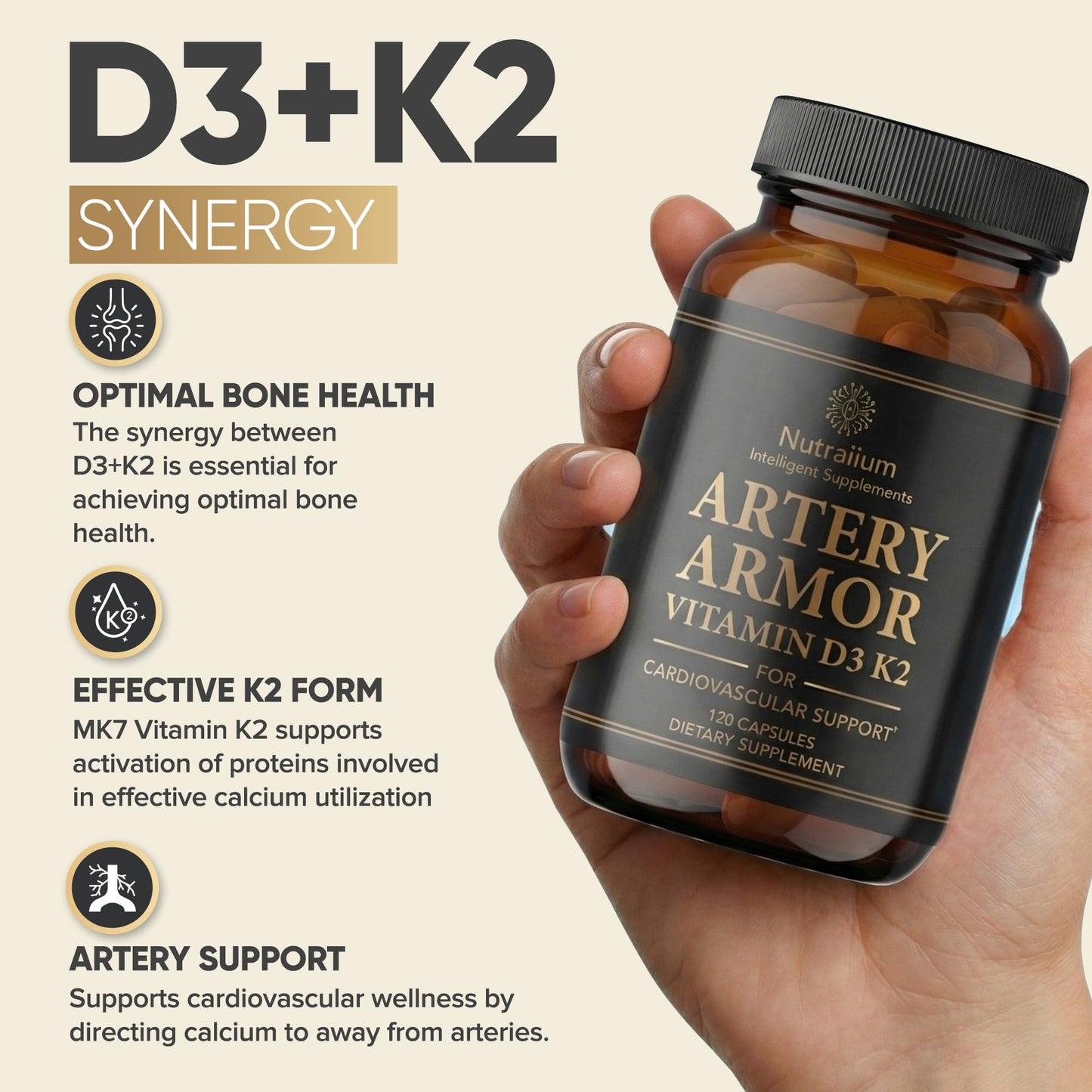 Nutraiium Vitamin D3 K2 Supplement 5000 IU 100 mcg MK7 High Potency D3+K2, 120 Capsules