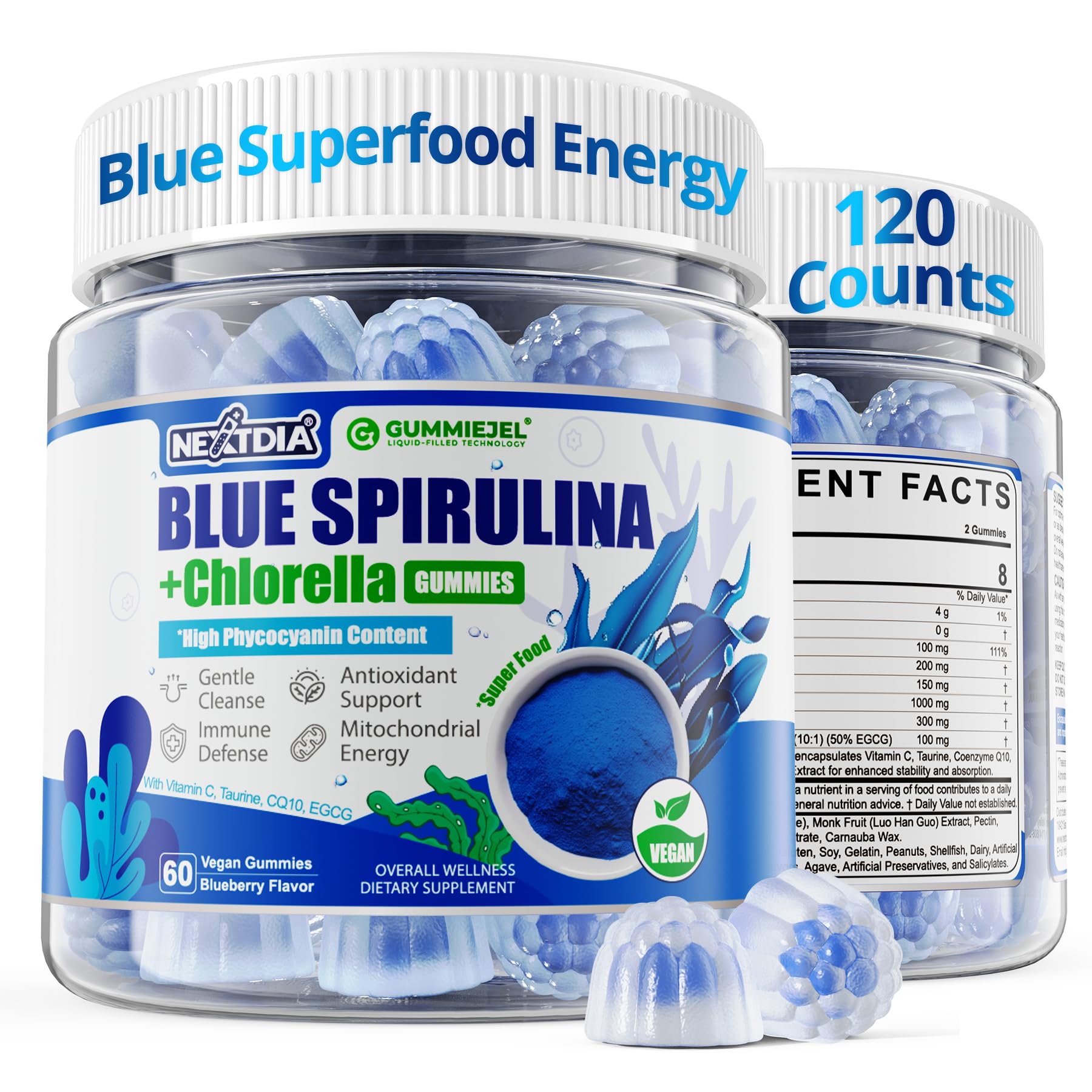 Nextdia Organic Blue Spirulina Gummies, 120 Gummies