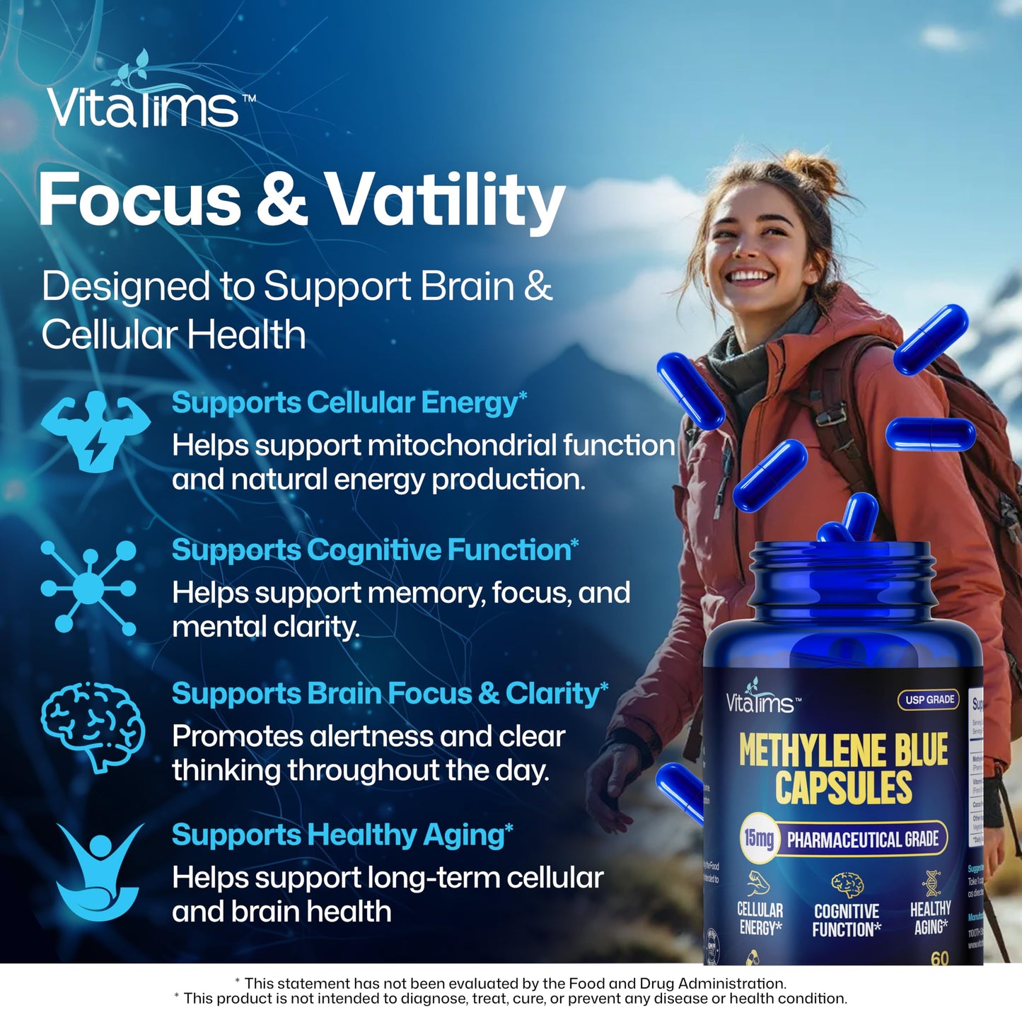 Vitatims Methylene Blue 15mg Capsules, 60 Count