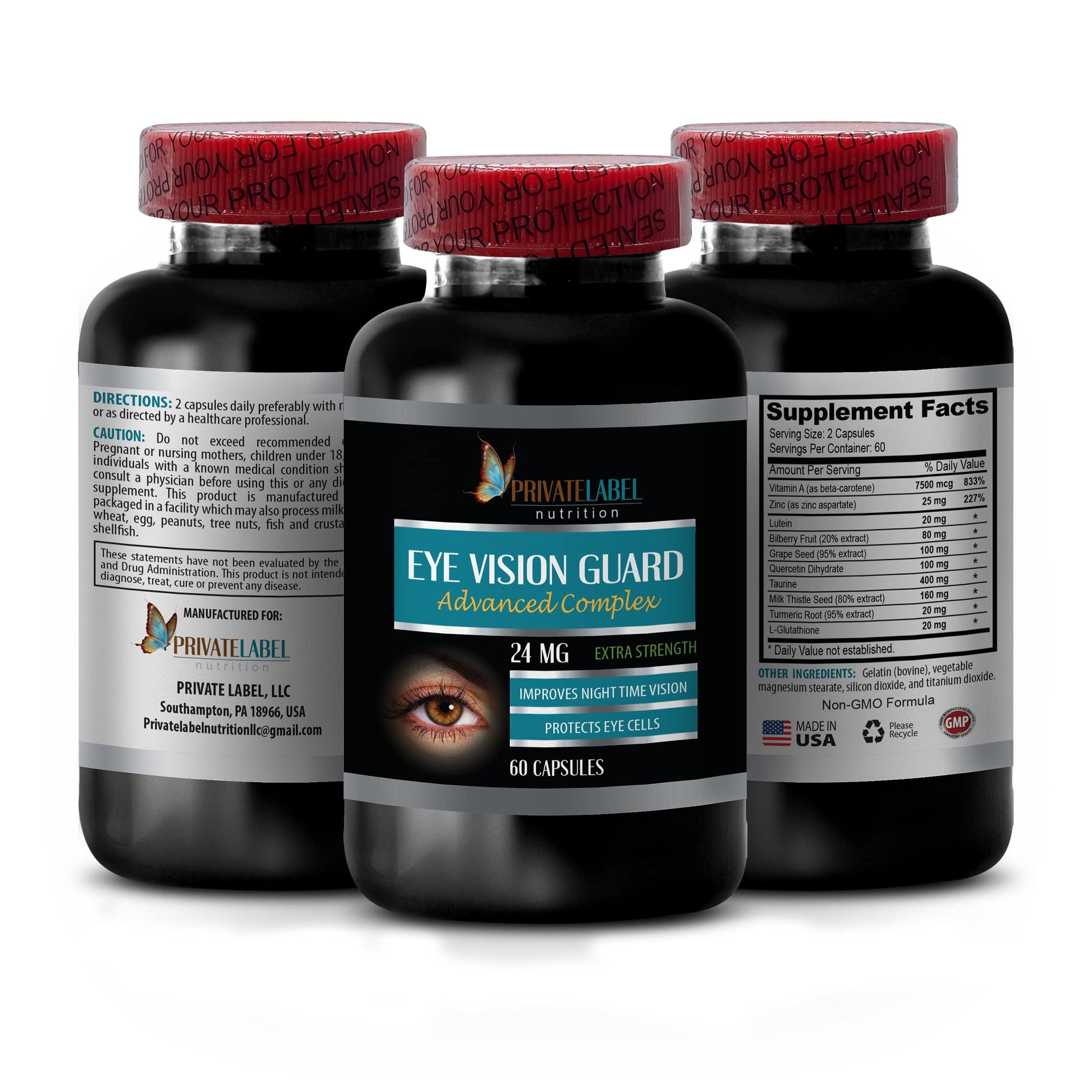 PRIVATE LABEL LLC Vision Vitamins with Lutein Eye Vision Guard 24 MG Advanced Complex, Eye Vision Support, Lutein Supplements, Vitamin A Supplement, Turmeric Extract, Bilberry Extract, Taurine, 60 Capsules
