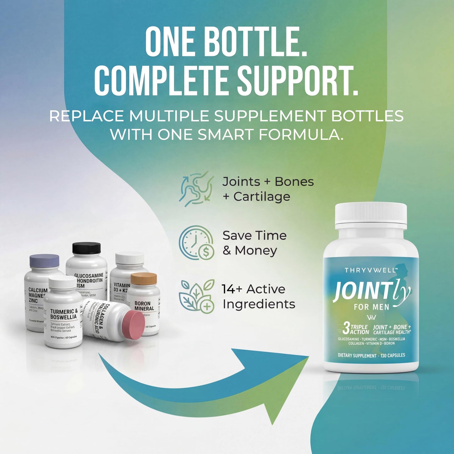 ThryvWell Joint Supplements for Men 14-in-1 Joint Bone & Cartilage Support Glucosamine Chondroitin MSM Turmeric Boron Magnesium 120 Capsules