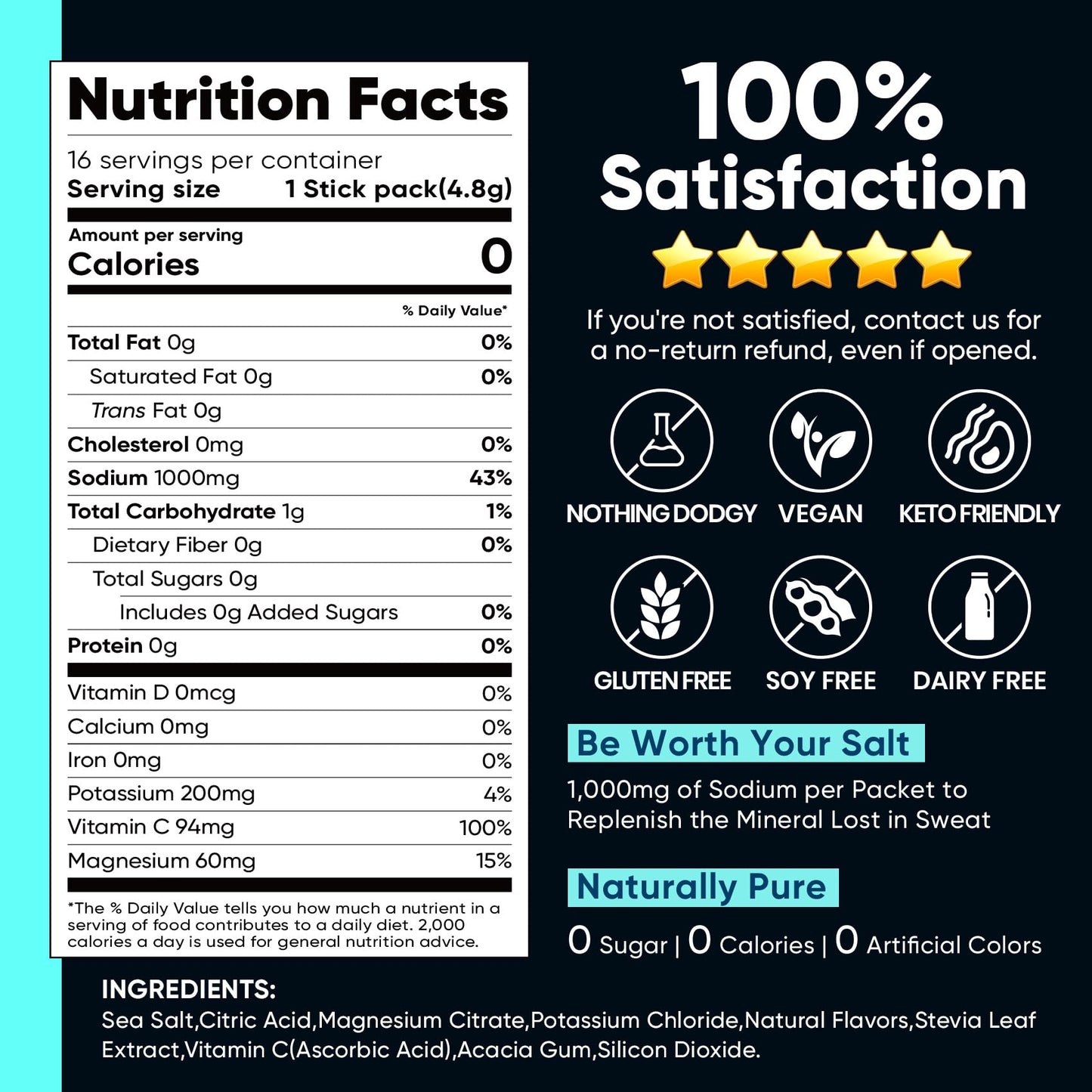 Venture Pal High Sodium Sugar Free Electrolytes Powder, 16 Count