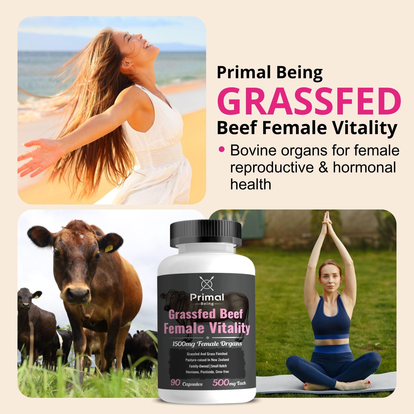 Primal Being Grassfed Beef Female Vitality Supplement Capsule, 90 Capsules