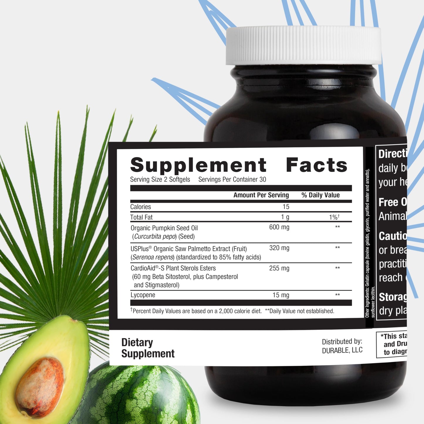 Durable Prostate Men Health Supplement Saw Palmetto + Beta Sitosterol Blend Urinary Flow Bladder Function Vitality Daily Wellness, 180 Softgels
