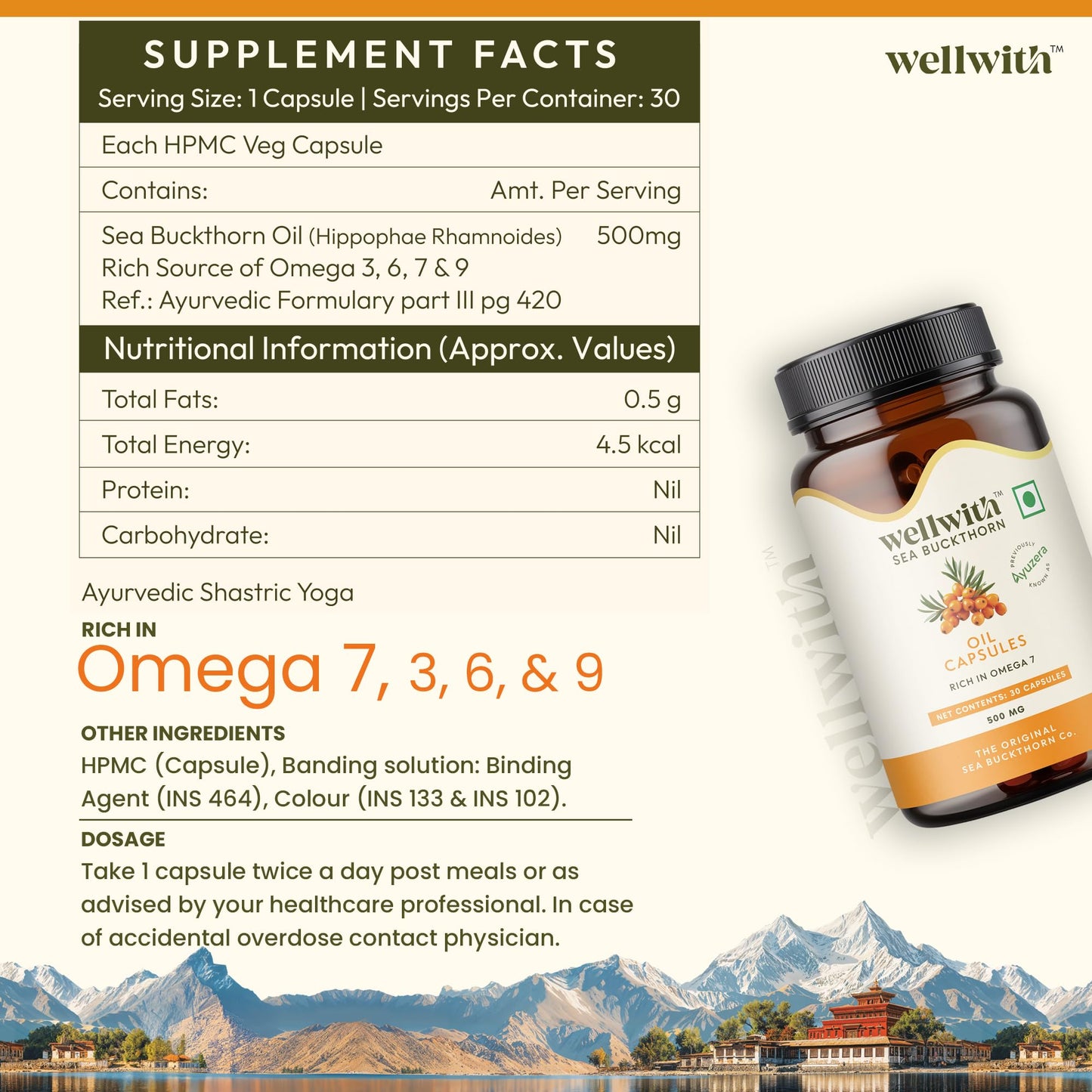 Wellwith Sea Buckthorn Berry Oil Vegan Omega 7 500mg Capsule, 1 Count