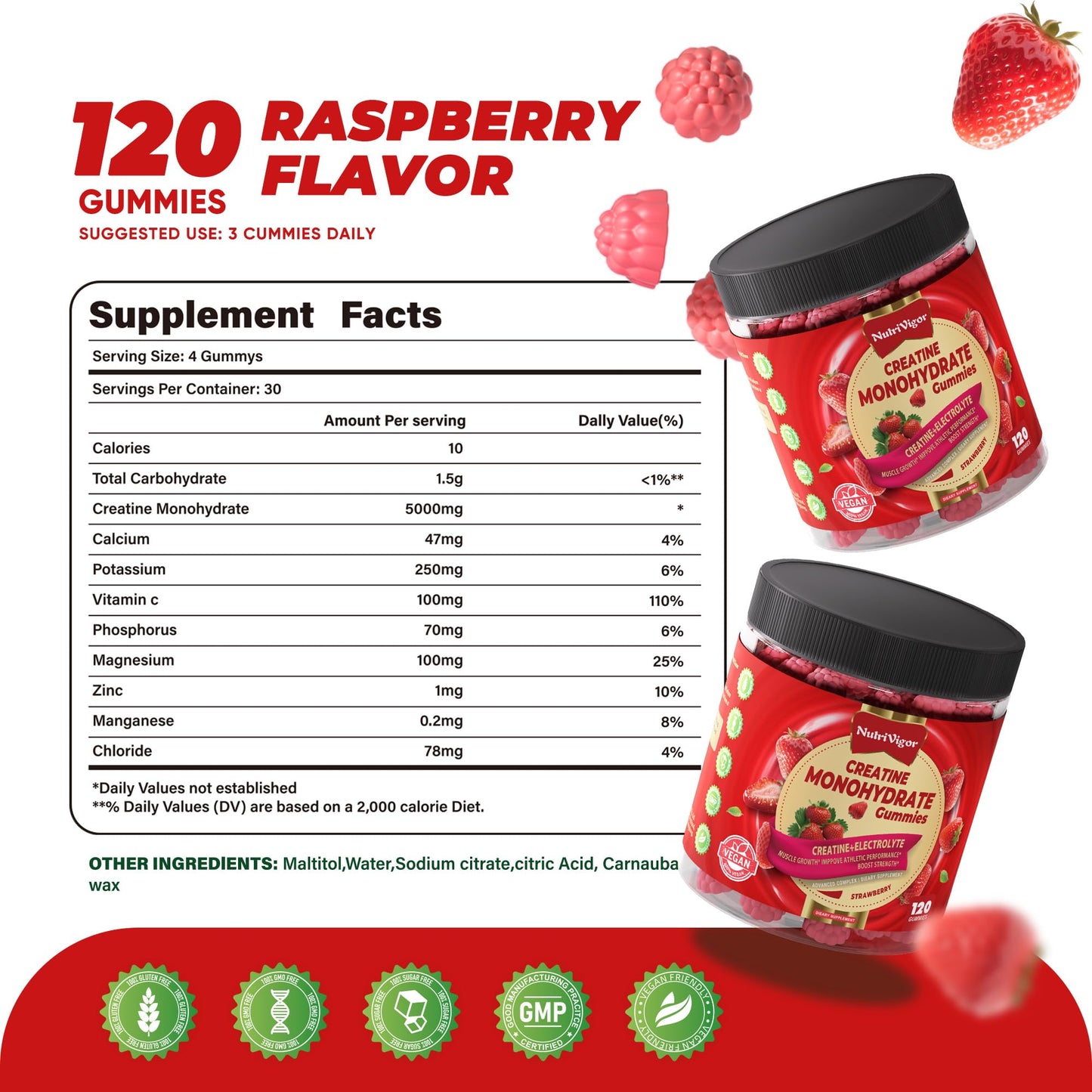 NutriVigor Creatine Monohydrate Gummies 5g Strawberry 120 Count