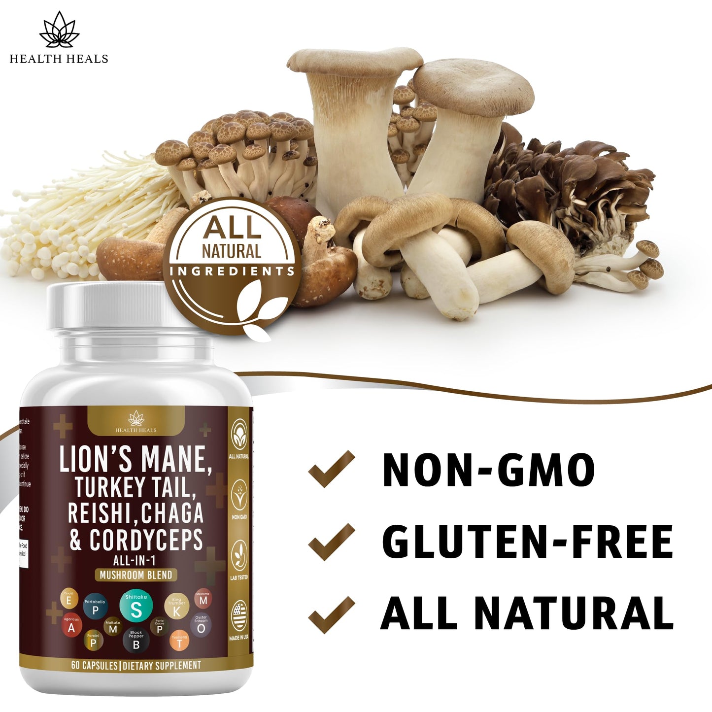 Health Heals Mushroom Supplement with Lion's Mane, Turkey Tail, Reishi, Cordyceps, Chaga, Marshmallow Root Capsules, 120 Count
