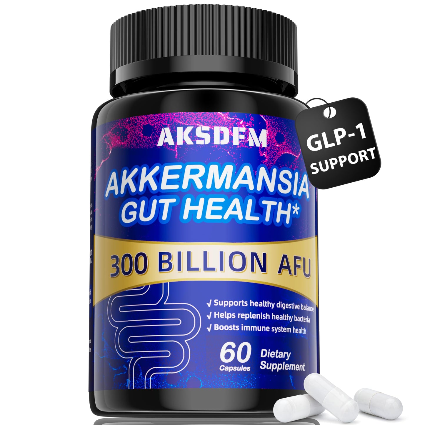 AKSDFM GLP-1 Supplement - 300 Billion AFU Akkermansia Probiotic for GLP-1 Production, Akkermansia Muciniphila, Capsule, 60 Count