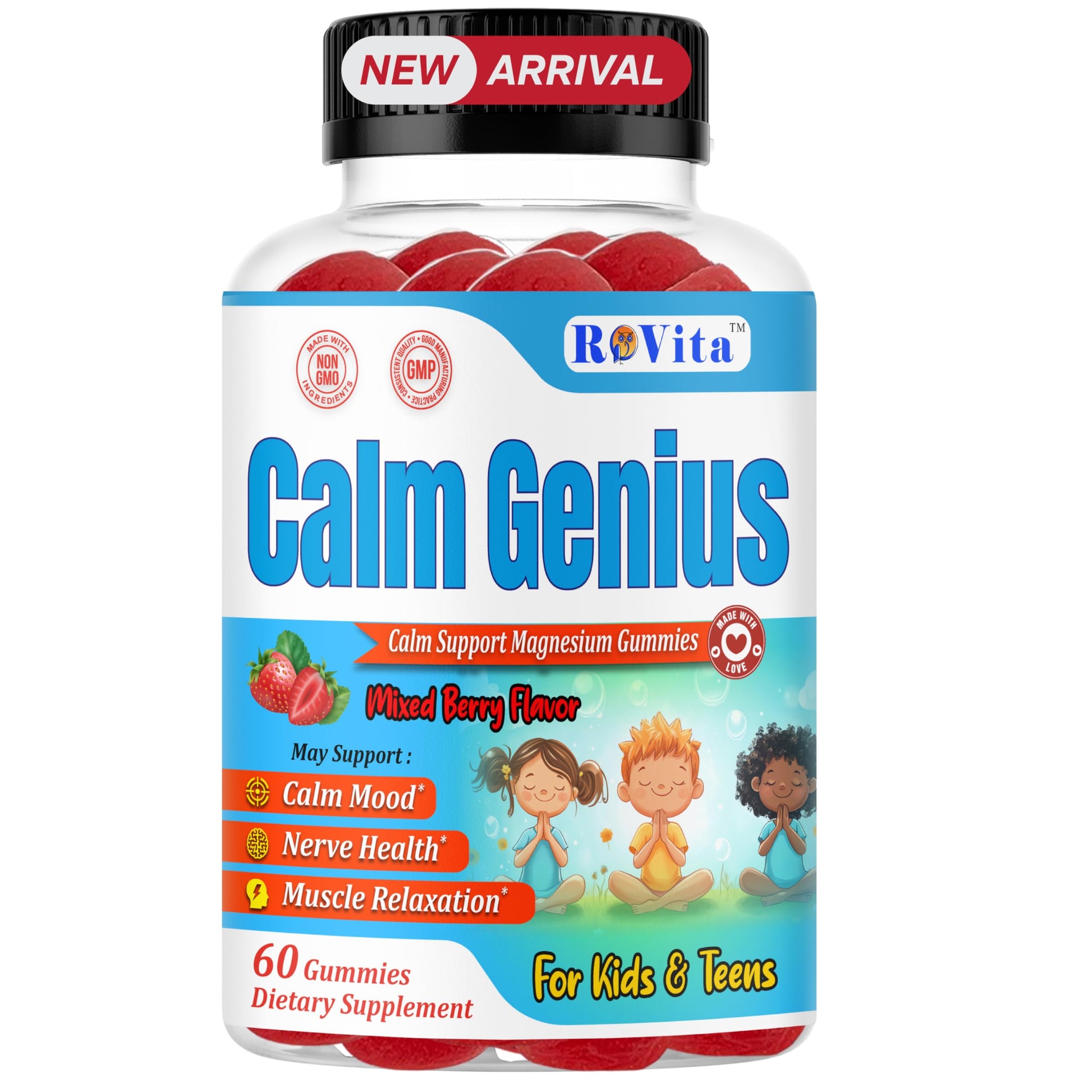 ROVita Calm Genius Kids Magnesium Gummies, Magnesium Citrate Kids Supplement for Relaxation & Daily Wellness, 60 Gummies