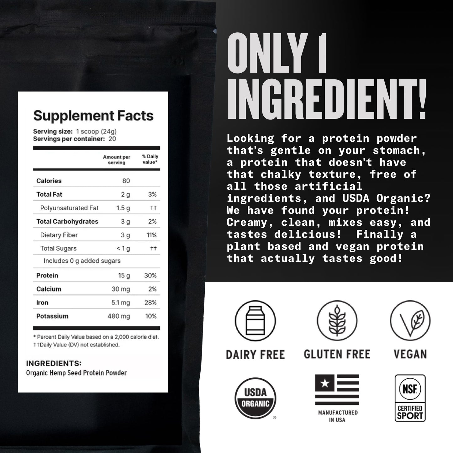 Agoge USDA Organic Hemp Protein Powder, Unflavored, 20 Servings