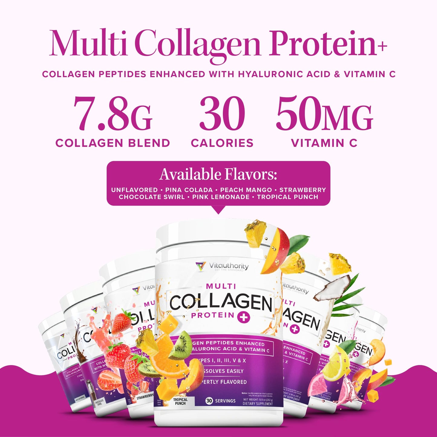Vitauthority Multi Collagen Peptides Powder for Women, Peach Mango, Hydrolyzed, Types I II III V & X, Vitamin C & Hyaluronic Acid for Hair Skin Nails, 10 Servings