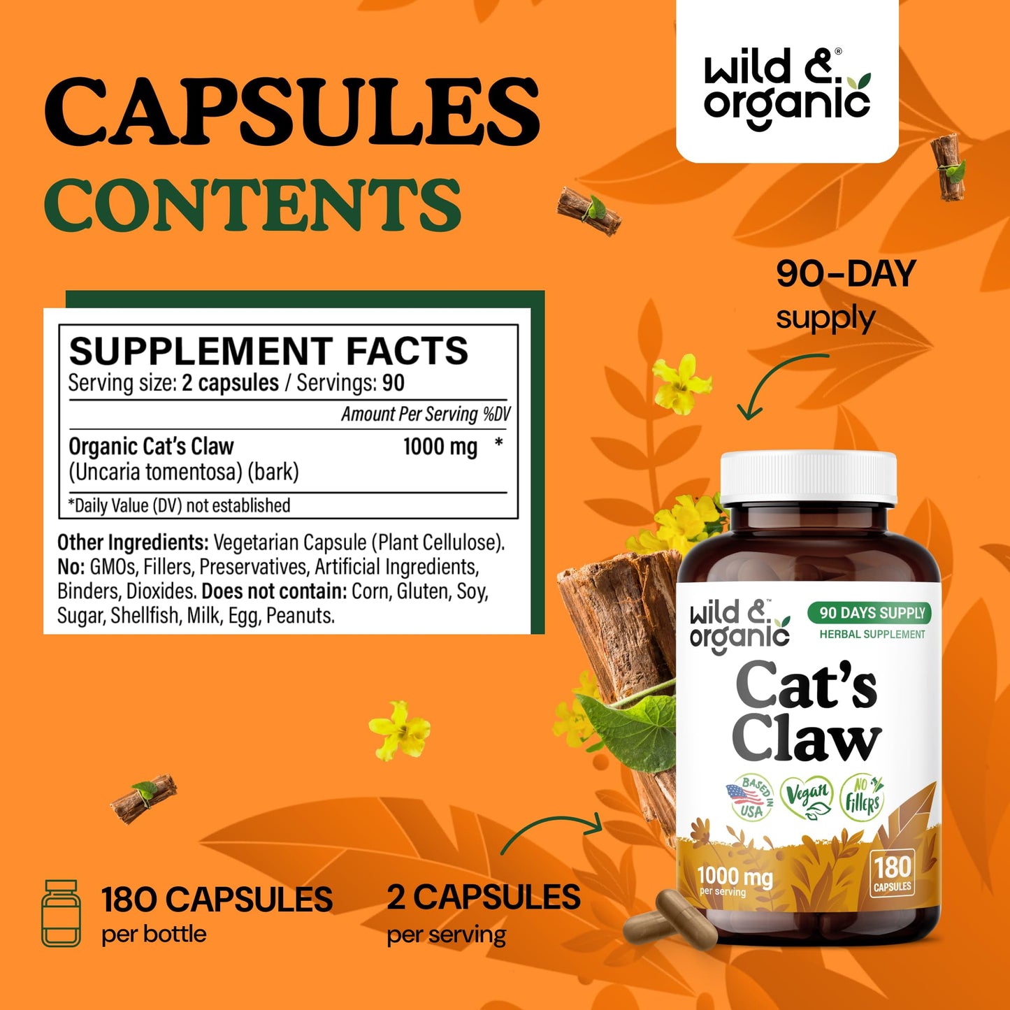 Wild & Organic Cat's Claw Herbal Supplement 1000 mg Capsules 180 Count