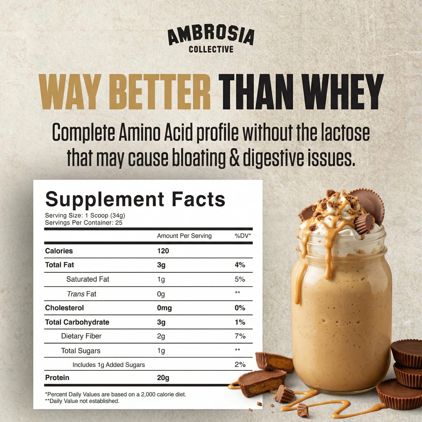 Ambrosia Plant Based Pea Protein Powder, 25 Servings, Peanut Butter Cup