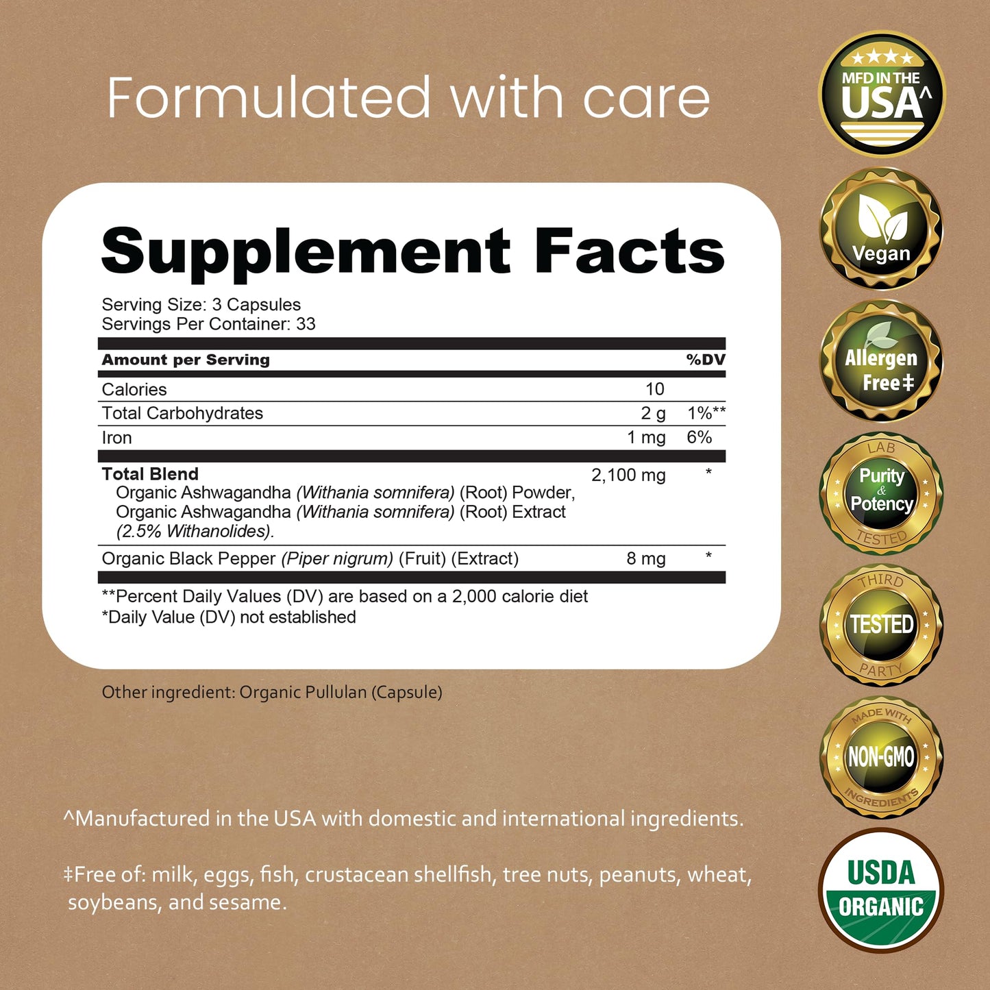NaturaLife Labs Organic Ashwagandha 2100 mg per Serving – Full Spectrum Root Powder and Standardized Extract (Withanolides) Capsules, 100 Count