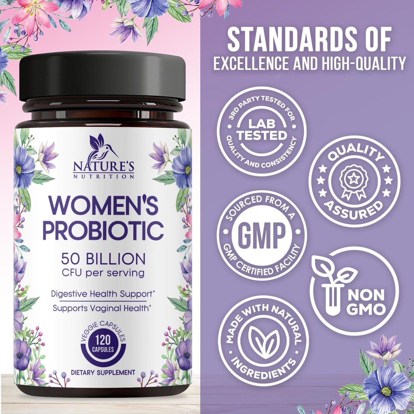 Nature's Nutrition Probiotics for Women Capsules 120 Count - Probiotic Blend 50 Billion CFU per Capsule, 16 Strains