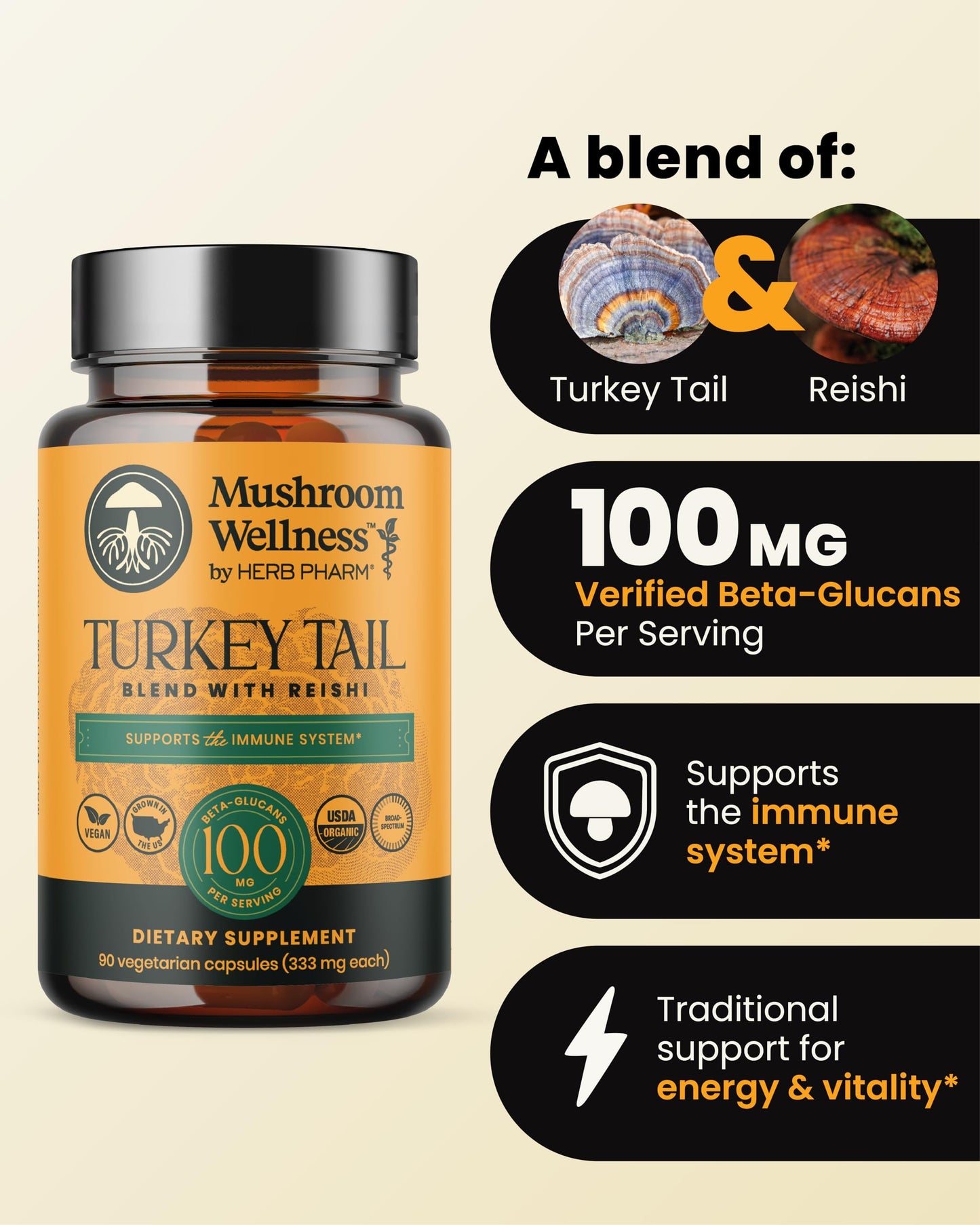 Herb Pharm Mushroom Wellness Turkey Tail Blend with Reishi Capsules, Organic Turkey Tail & Reishi Mushroom, Mushroom Powder Supplement, Traditional Immune, Energy & Vitality Support, 90 Capsules