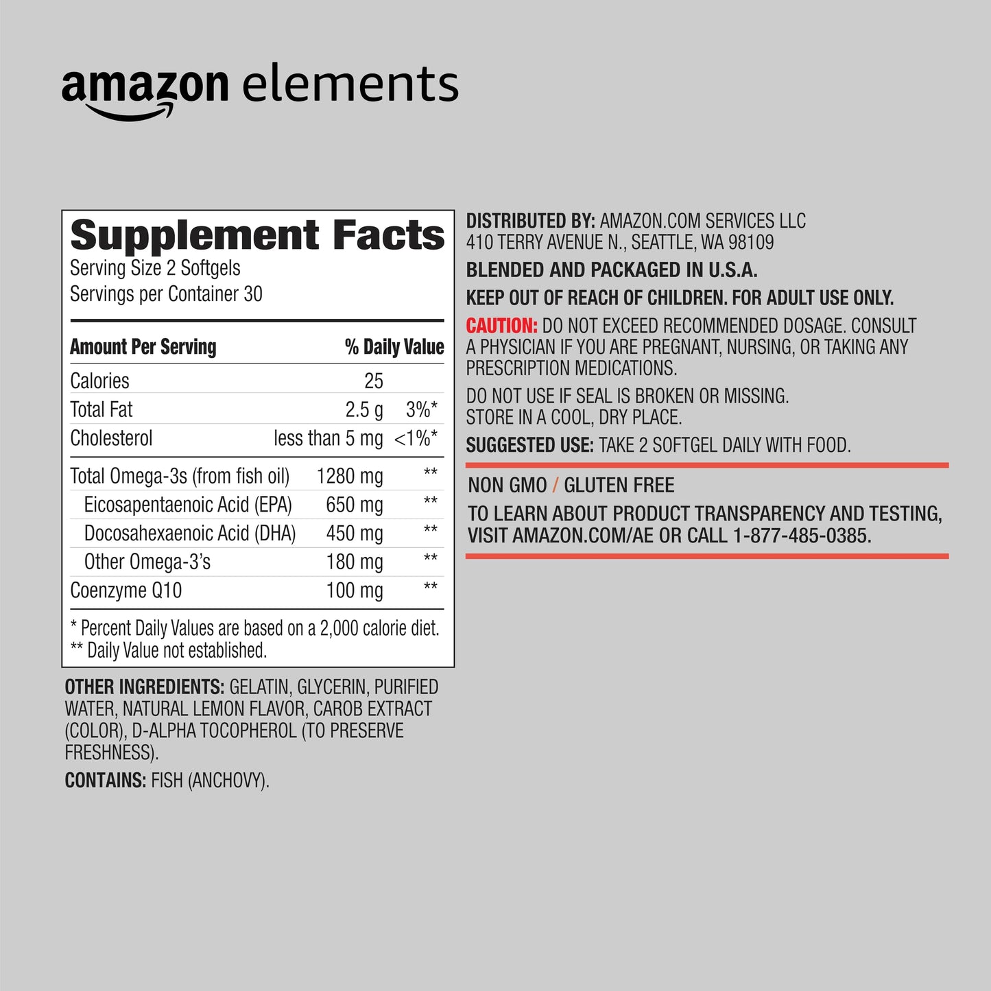 Amazon Elements Omega 3 Fish Oil + CoQ10 Softgels 60