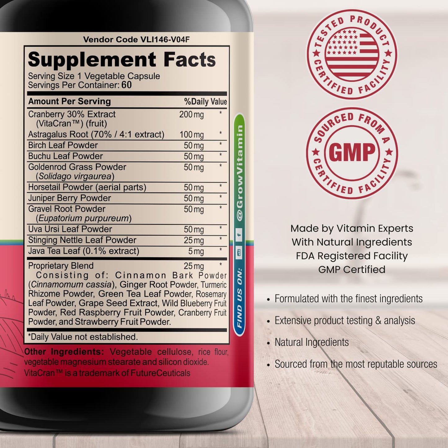 Grow Vitamin Premium Kidney Cleanse Supplement – Powerful Kidney Support Formula with Cranberry Extract Helps Support Healthy Kidneys & Urinary Tract Support, 60 Capsules