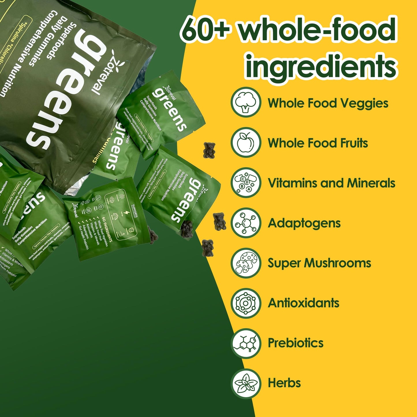 Zotreval Daily Greens Superfood Green Gummies with Chlorella & Spirulina, 1 Pack