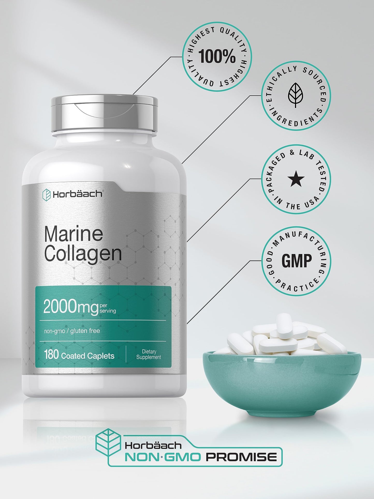 Horbäach Marine Collagen Peptides 2000mg Caplets 180 Count