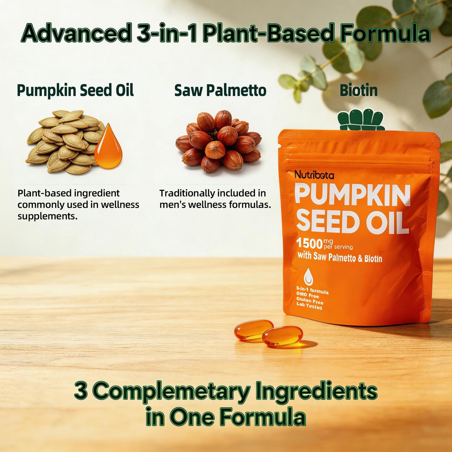 Nutribota Pumpkin Seed Oil Supplement 1500 mg per Serving with Saw Palmetto & Biotin, Advanced 3-in-1 Plant-Based Men’s Wellness & Hair Nutrition Formula, Non-GMO, Gluten Free, Lab Tested Gummies 180