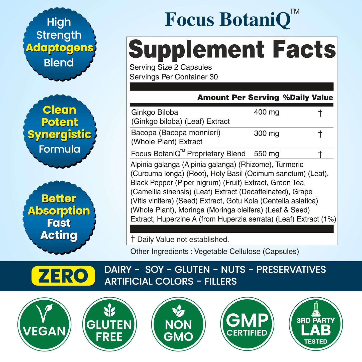 Organic Veda Ginkgo Biloba Turmeric Bacopa Brain Supplements for Memory and Focus, 60 Capsules
