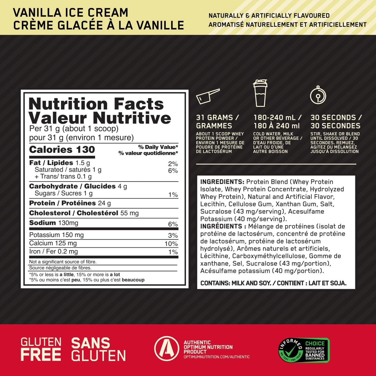 Optimum Nutrition Gold Standard 100% Whey Protein Powder Vanilla Ice Cream, 192 Servings