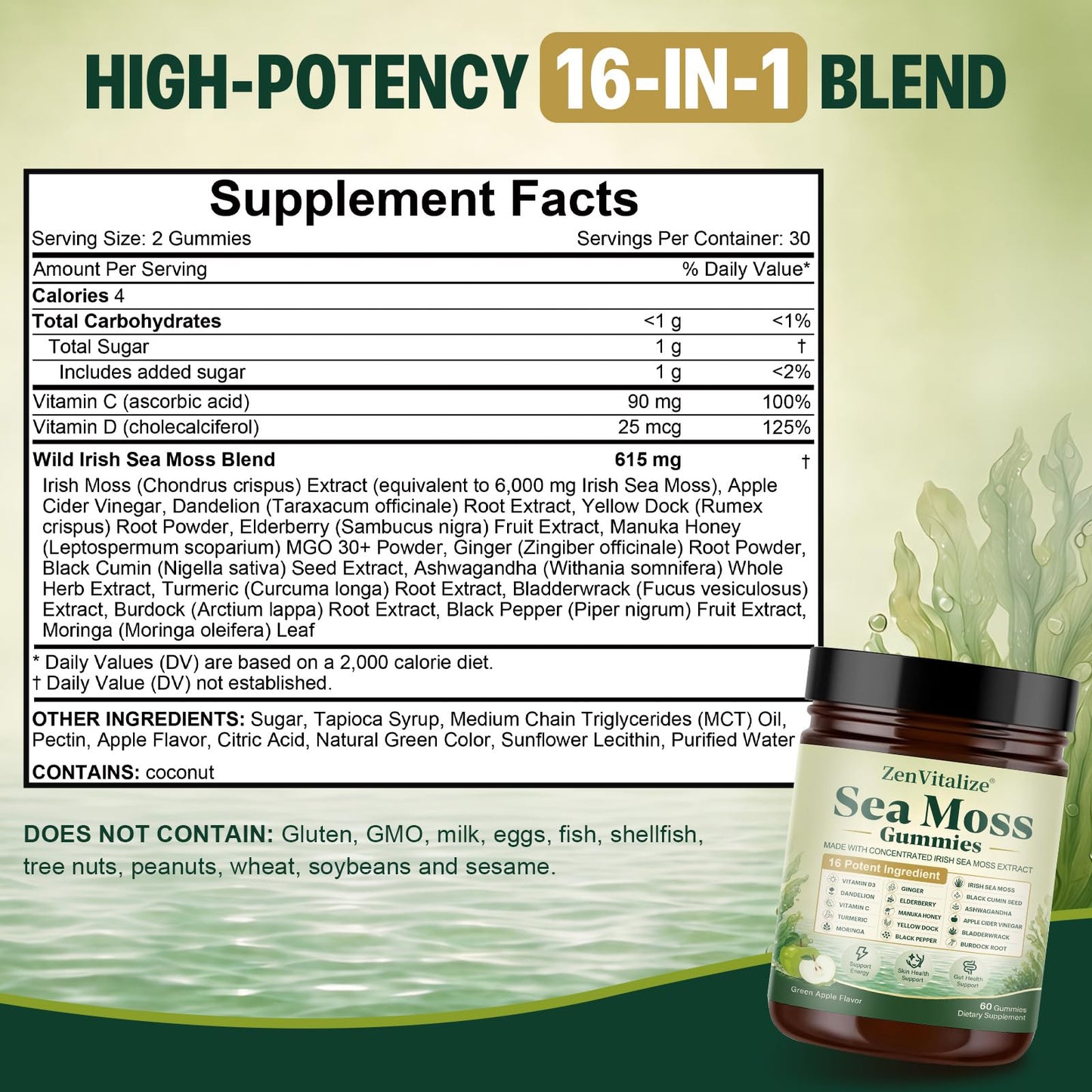 ZenVitalize Sea Moss Gummies 16-in-1 Gummy, 60 Count