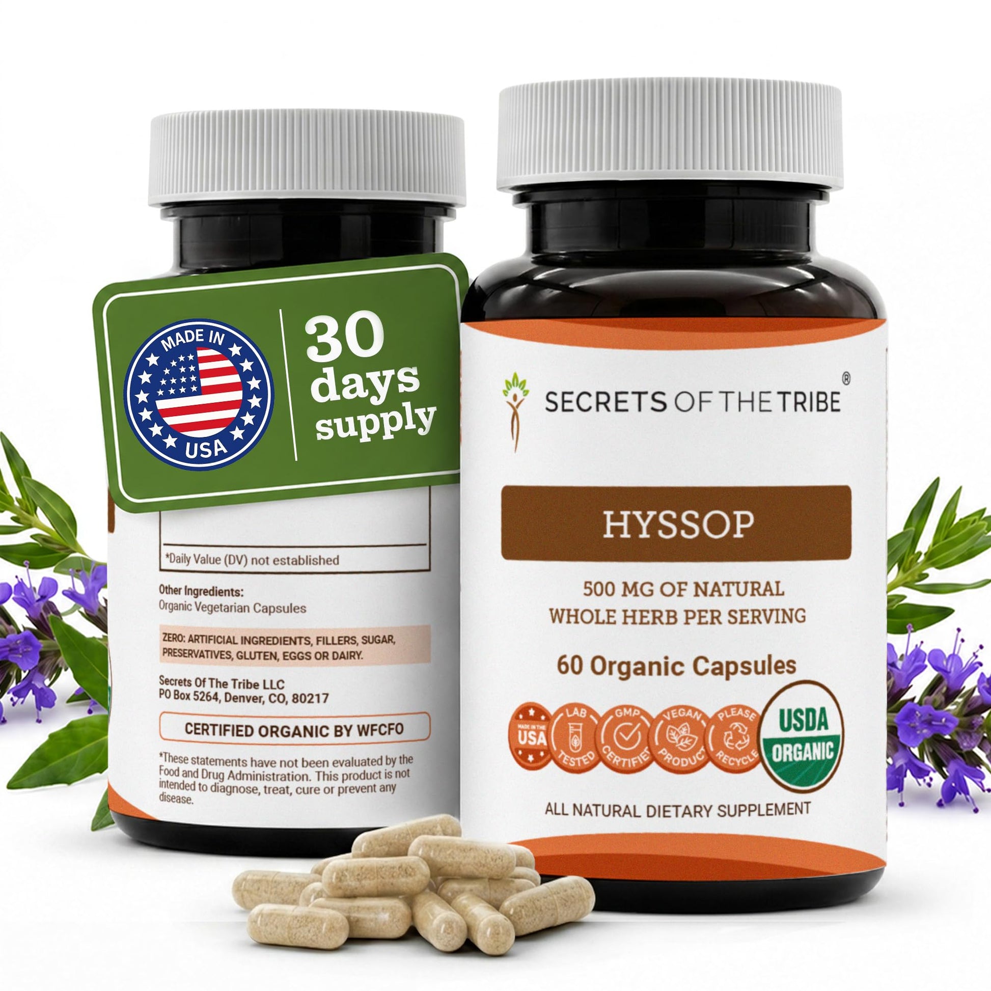 Secrets of the Tribe Organic Hyssop 500 mg Vegetable Capsules, 60 Count
