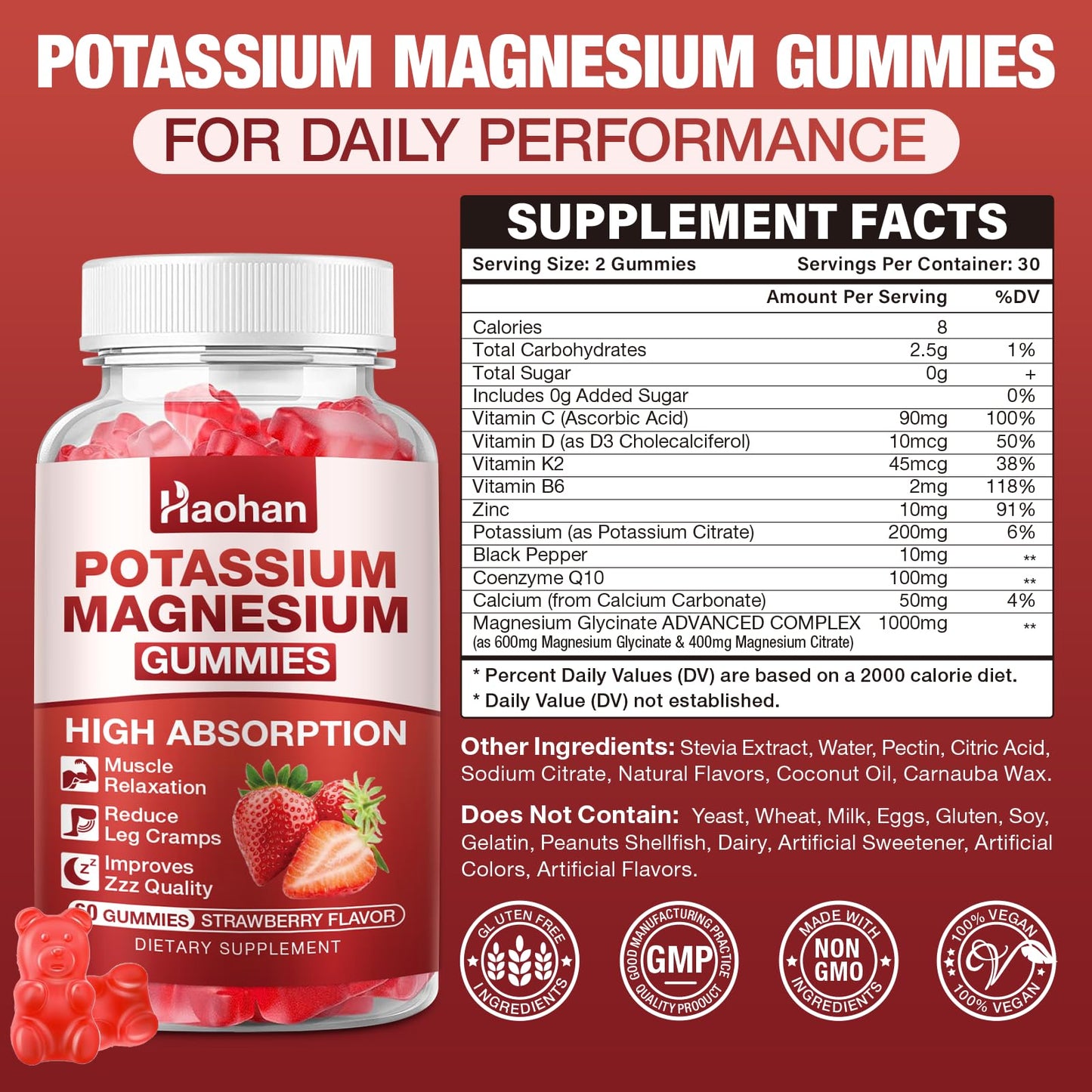 Haohan Potassium Magnesium Gummies with Electrolytes & Vitamins, 2 Gummies
