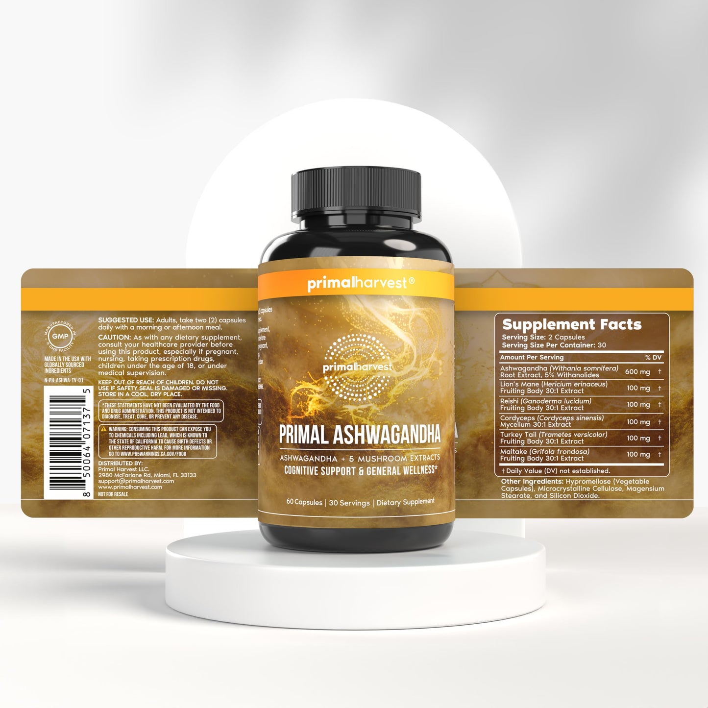 Primal Harvest Ashwagandha Supplement with 5 Mushroom Extracts Capsule, 60 Count