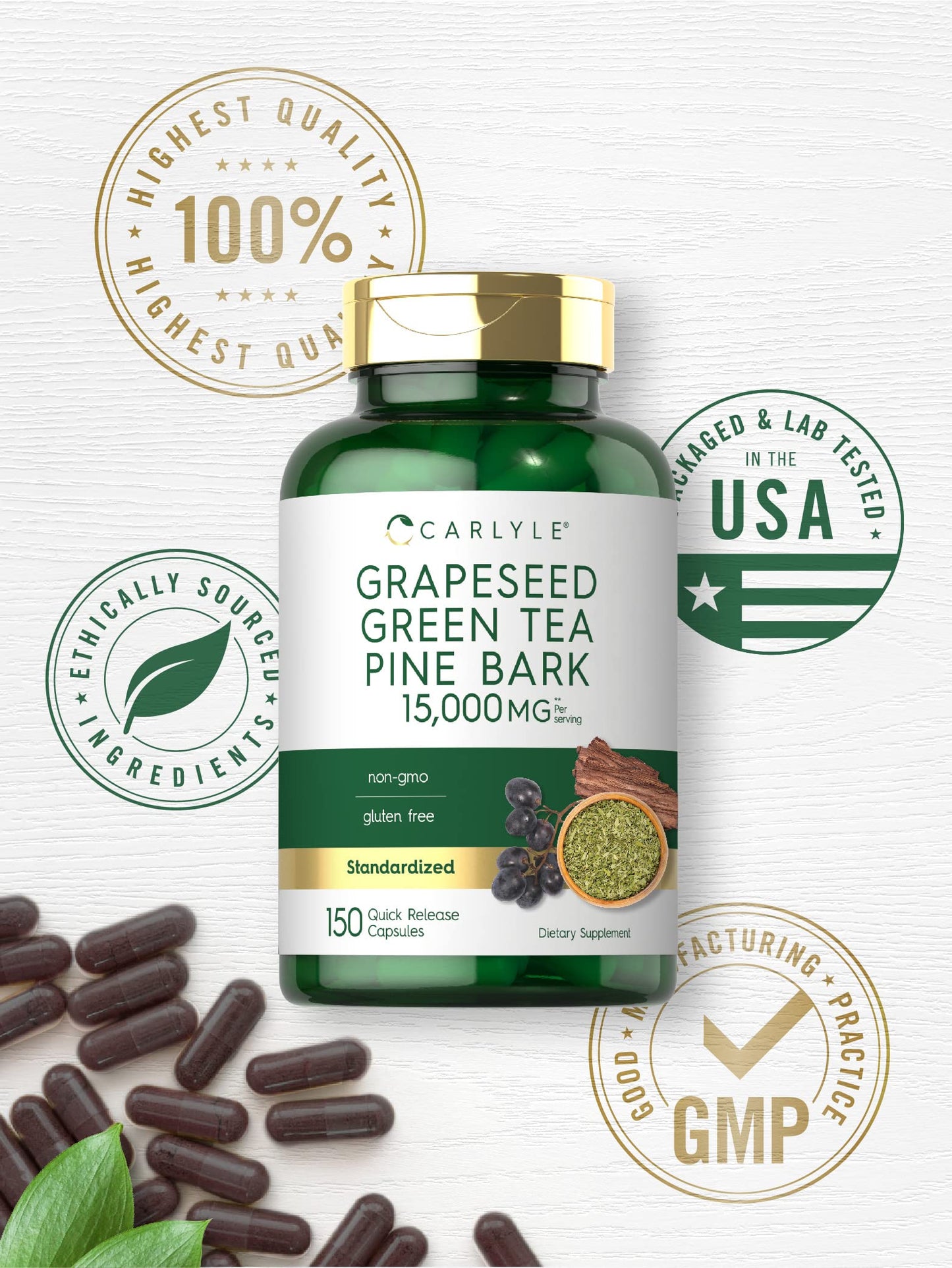 Carlyle Grape Seed Green Tea & Pine Bark Complex Capsules, 150 Count