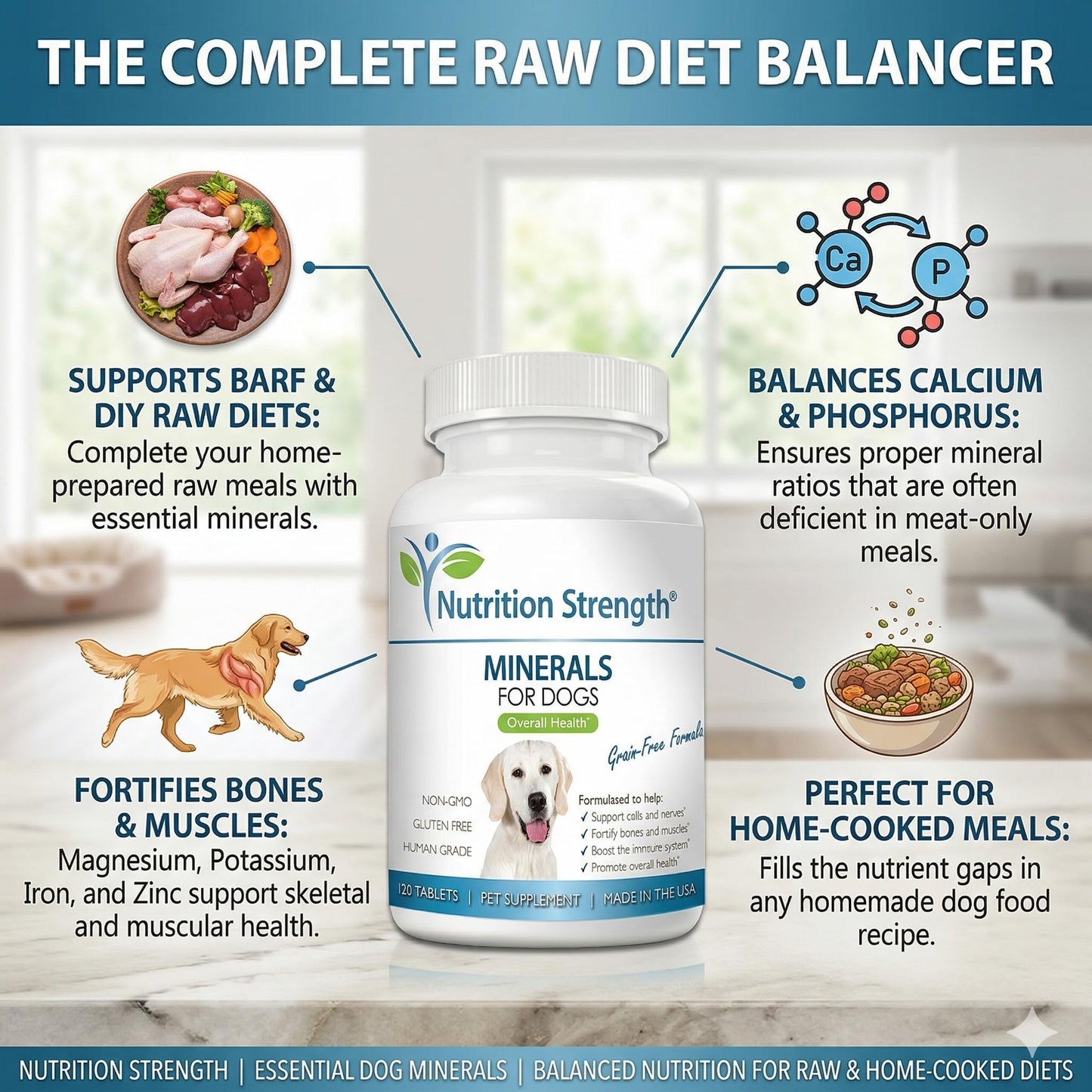 Nutrition Strength Dog Minerals & Electrolytes - Essential Raw Diet Balancer & Senior Dog Vitality Support - Calcium, Magnesium, Zinc, Iron & Selenium for Bone, Muscle & Nerve Health, 120 Tablets