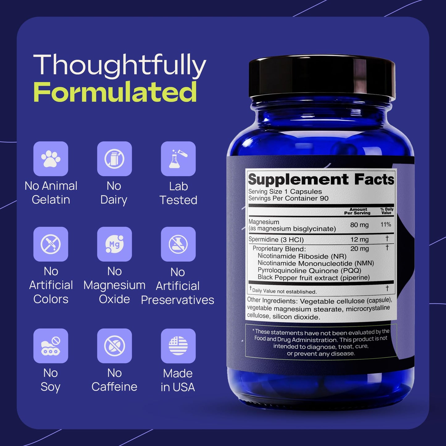 Stacked Science Spermidine 12 mg with Proprietary Blend, NR, NMN, PQQ, Magnesium Bisglycinate, Black Pepper Capsules 90 Count