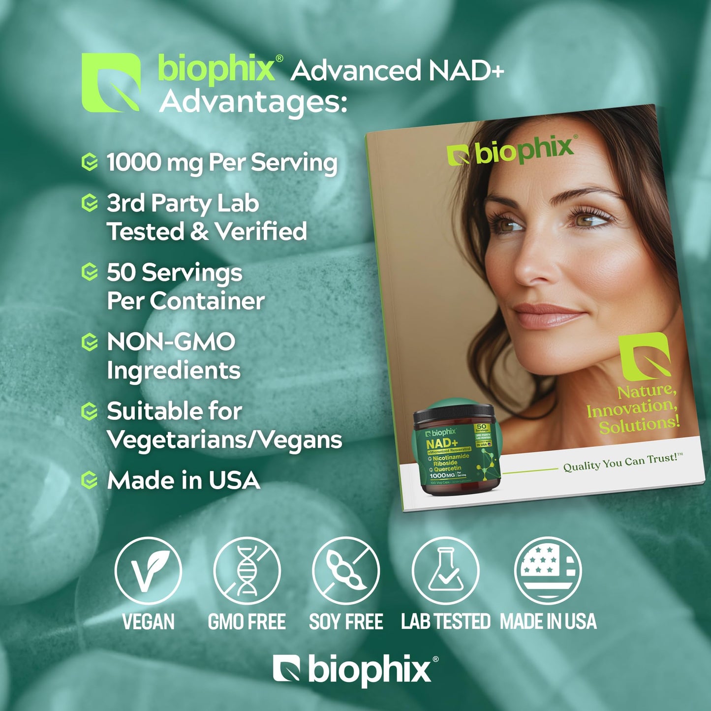 biophix NAD+ Liposomal Supplement for Women & Men - 1000 mg per Serving - Nicotinamide Riboside, Micronized Resveratrol & Quercetin Complex, 100 Veg Capsules
