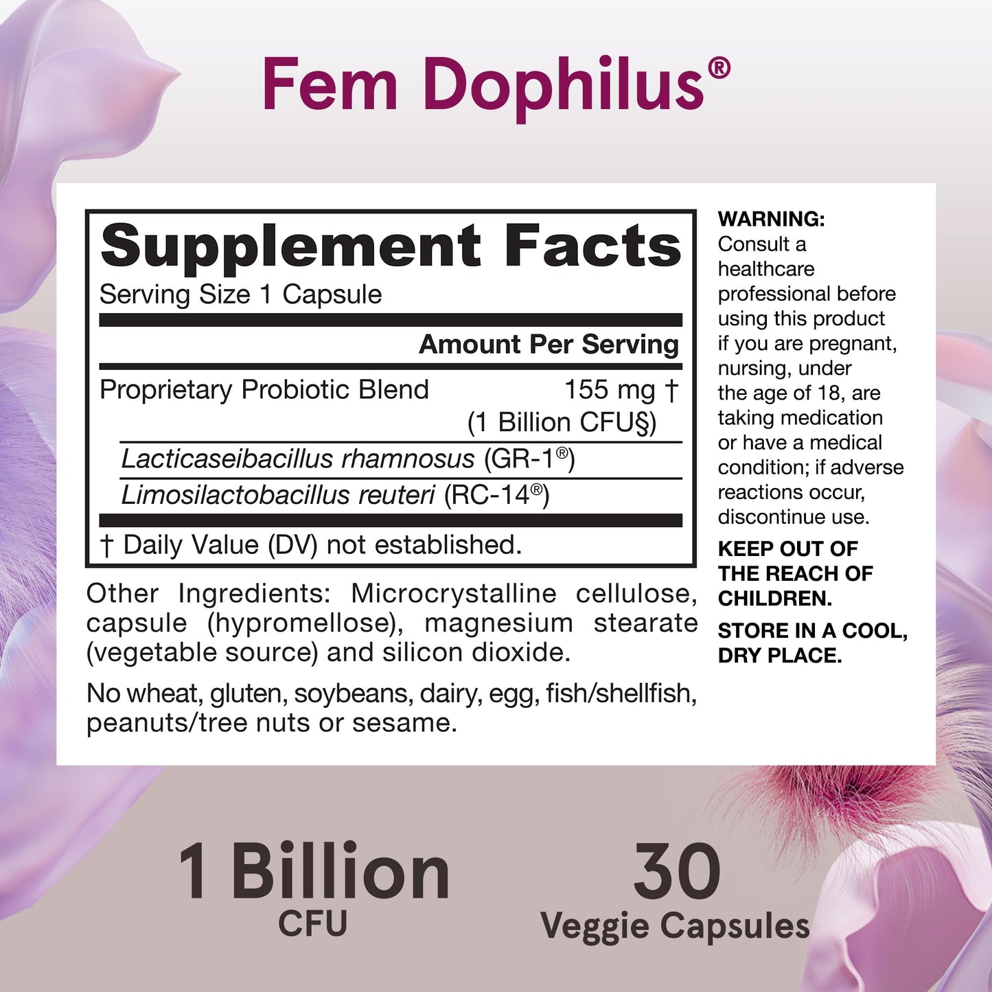 Jarrow Formulas Fem-Dophilus Vaginal Probiotics 1 Billion CFU with 2 Science-Backed Strains Capsules, 30 Count