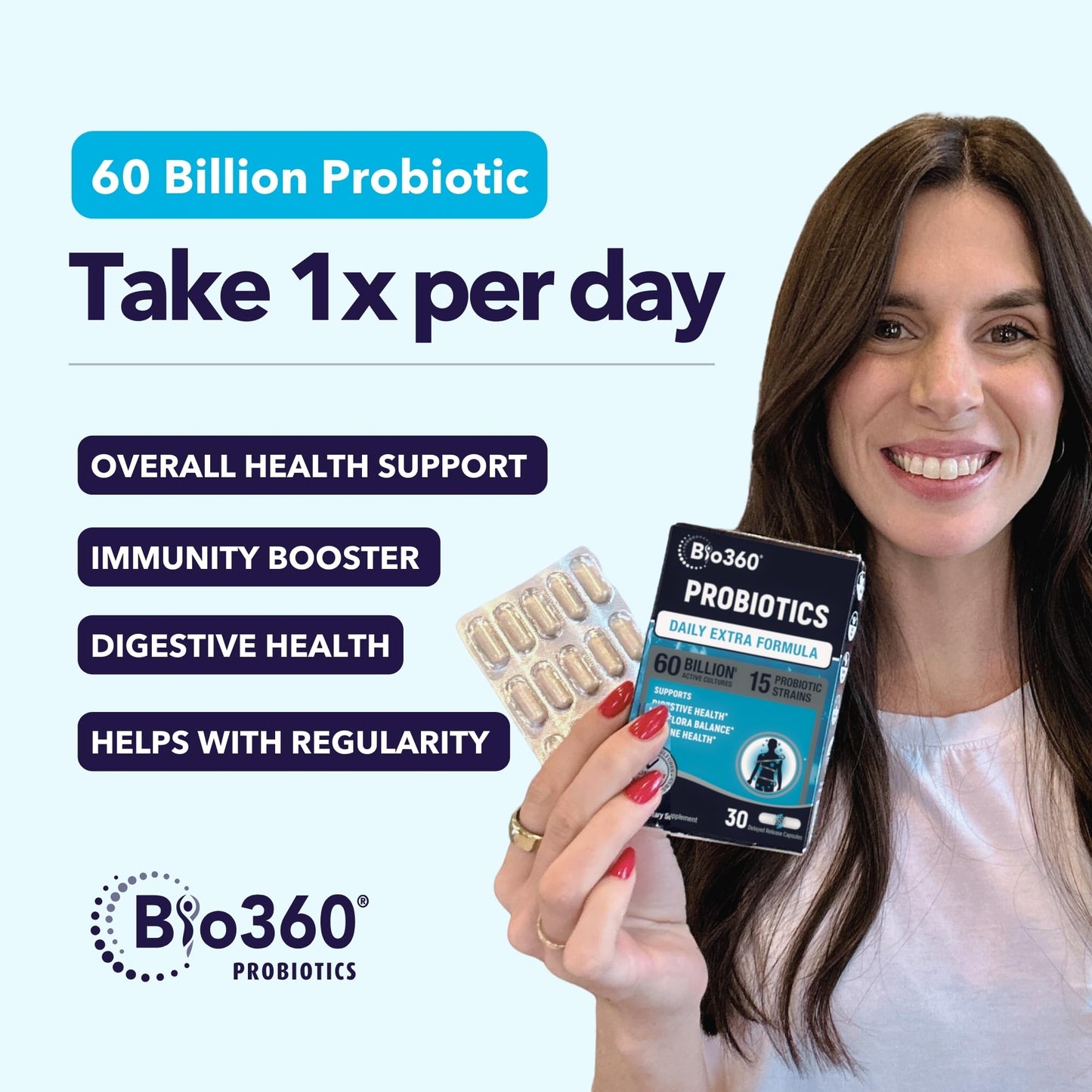 Bio360 Extra Strength Probiotic for Digestive Health and Immune Support, 60 Capsules