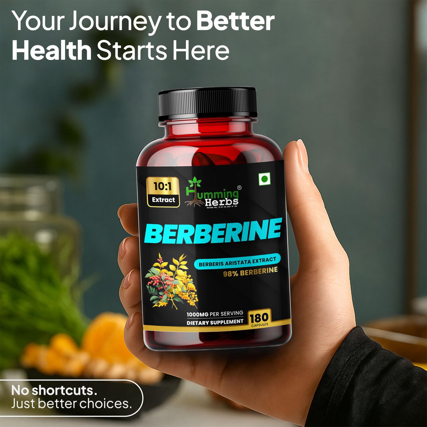 Humming Herbs Berberine 1000mg – Berberis Aristata Extract 10:1 Standardized to 98% Purity, 180 Capsules