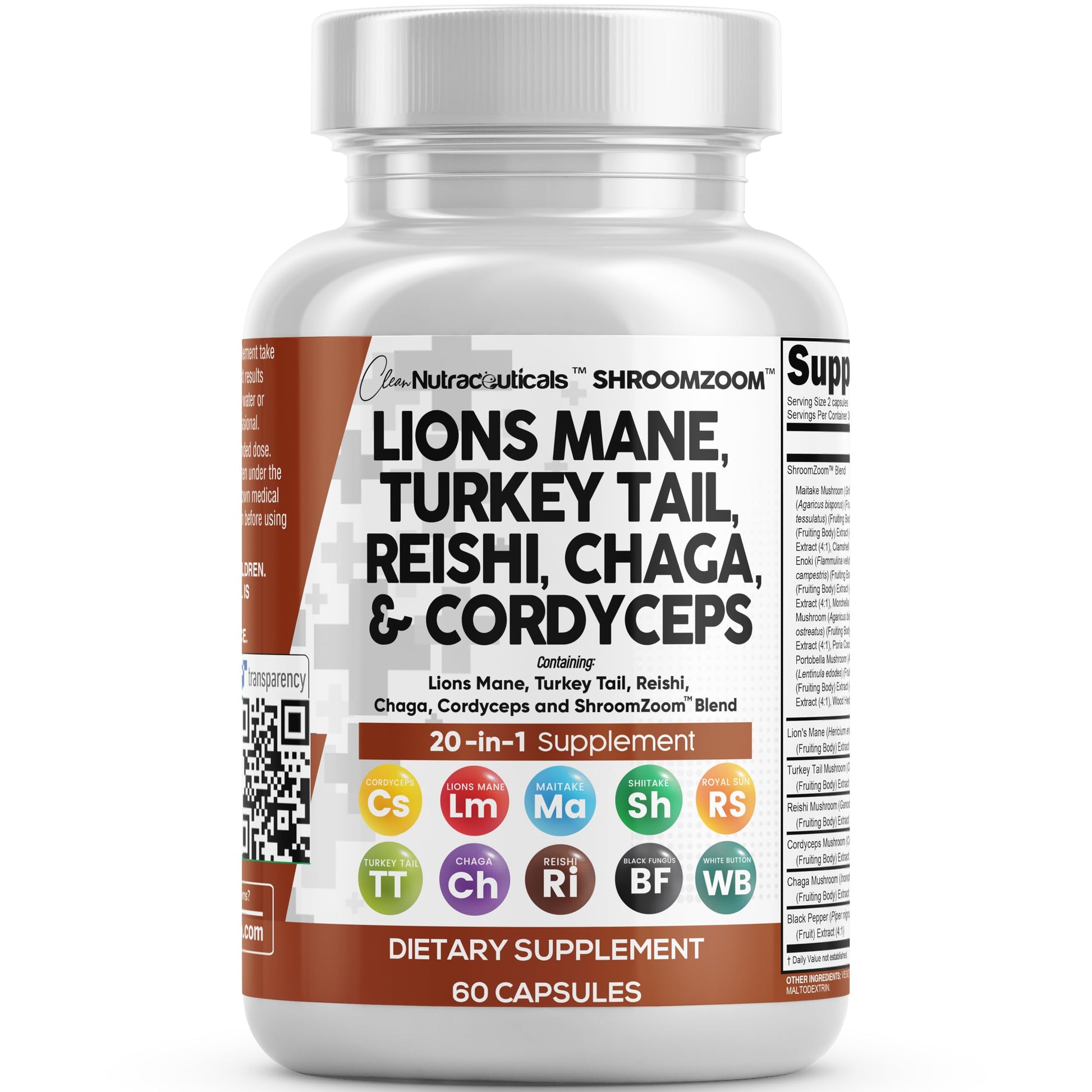 Clean Nutraceuticals Lions Mane 20in1 Mushroom Supplement with Turkey Tail Reishi Cordyceps Chaga Maitake Meshima Poria Cocos Shiitake Oyster Porcini Enoki Capsules, 60 Count
