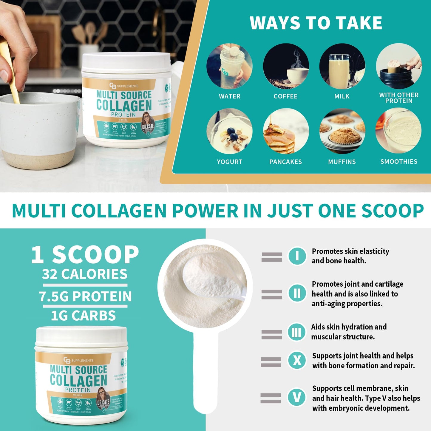 CB Supplements Multi Collagen Protein Powder, Vanilla Flavored, 58 Servings
