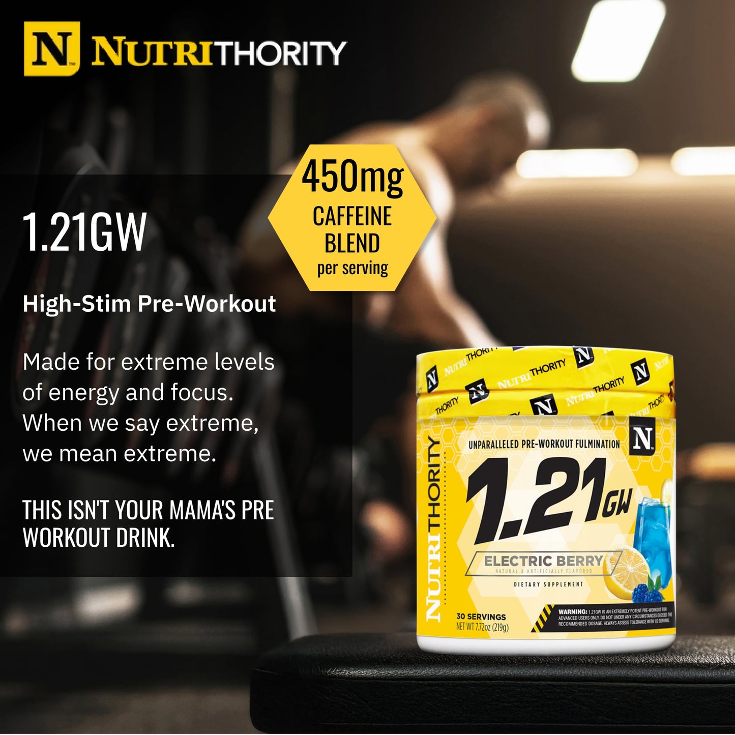 Nutrithority High Stim Pre Workout Powder for Men, Electric Berry, 19 Servings