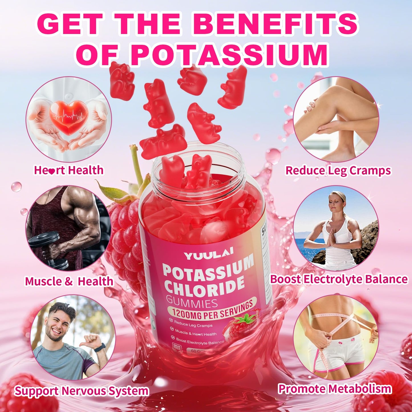 YUULAI Potassium Gummies 1200mg Potassium Chloride, Sugar-Free Electrolyte Support, Raspberry Flavor, 120 Gummies