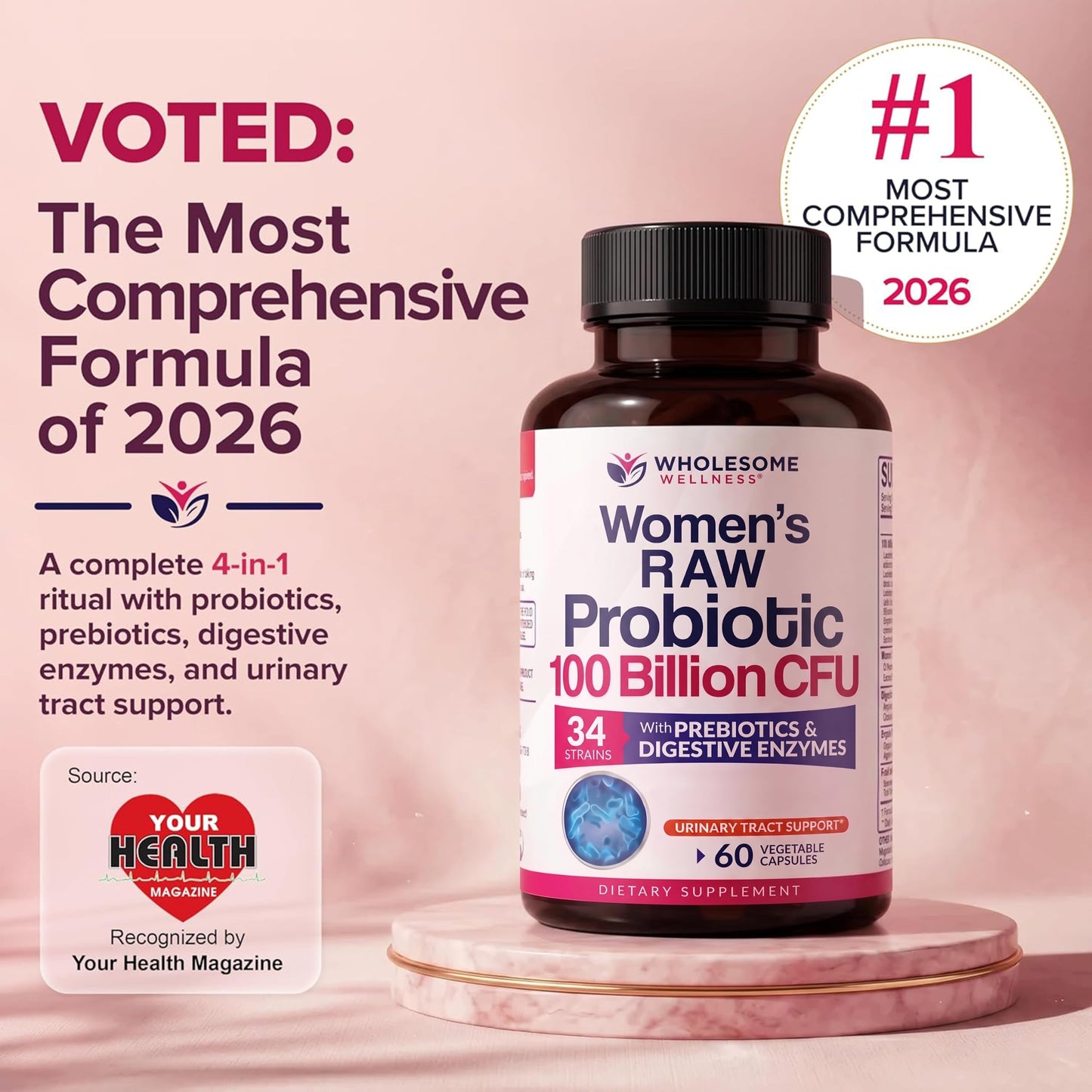 Wholesome Wellness Dr. Formulated Raw Probiotics for Women 100 Billion CFUs Capsules, 60 Count