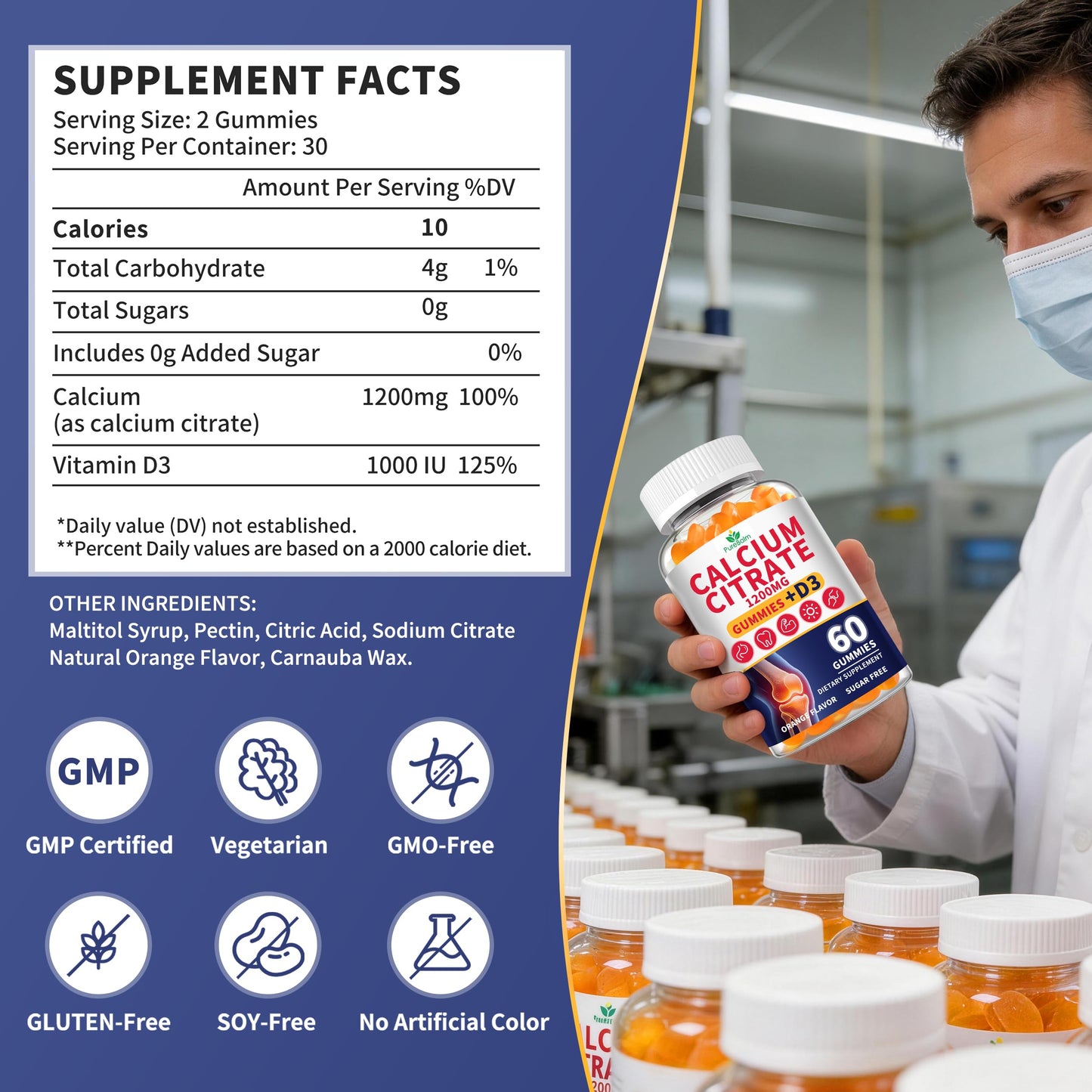 PureBalm Calcium Citrate 1200mg with Vitamin D3 Gummies, 120 Gummies